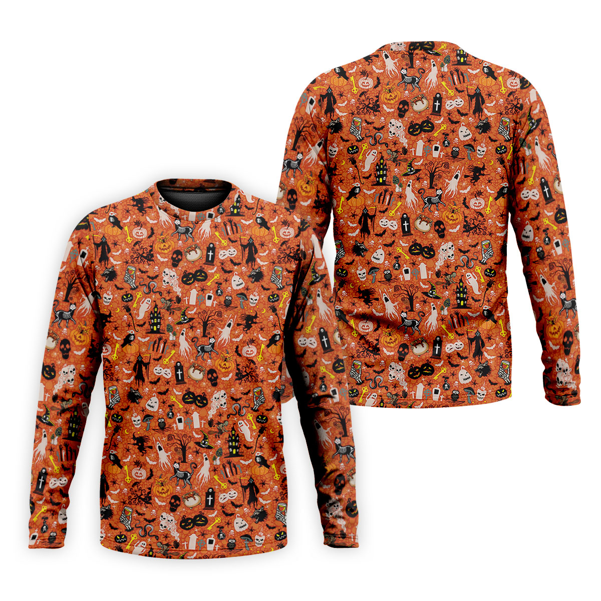 Halloween Skull Witch Cat Orange Golf Shirt, Funny Halloween Polo ShirtFor Men, Golf Gift For Men