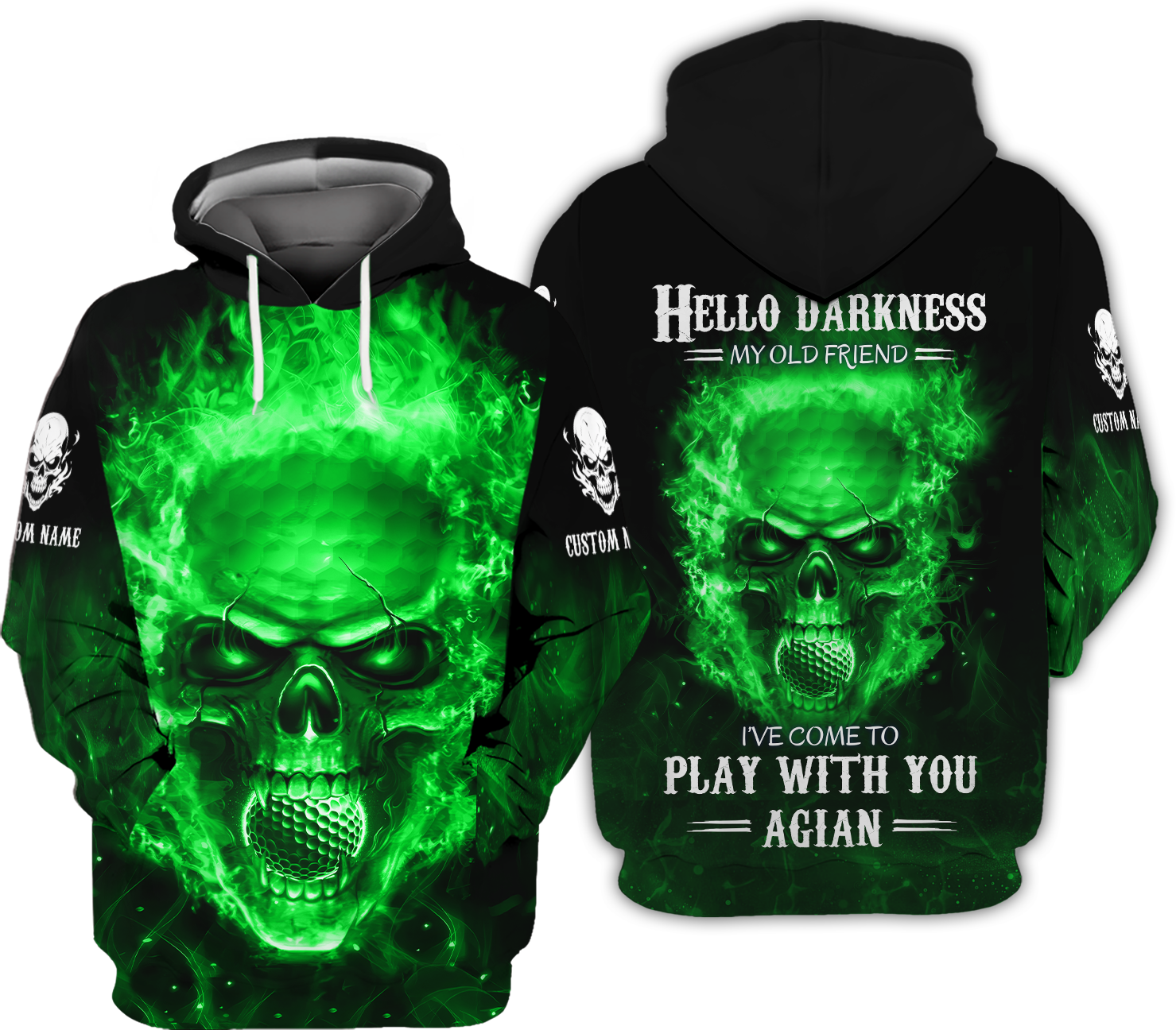 Hello Darkness My Old Green Blue Flame Skull Golf Polo ShirtGolf Apparel, Golf Gift For Men