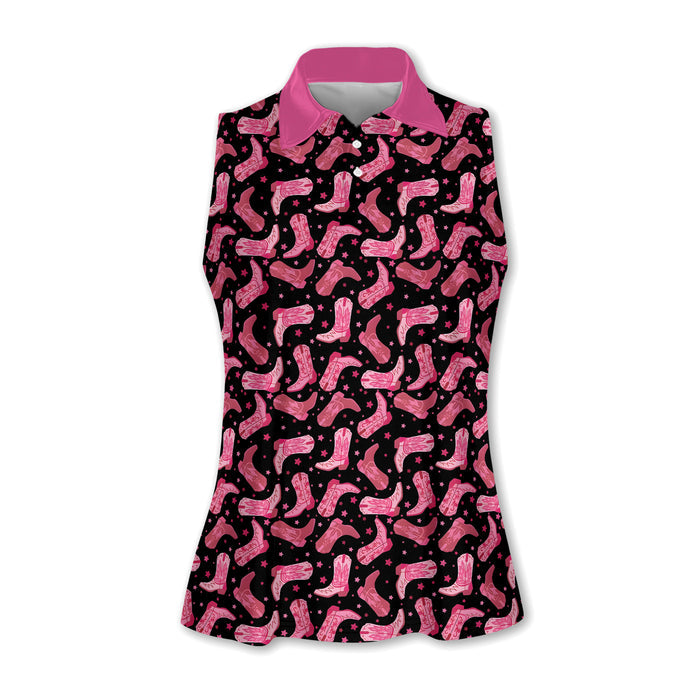Cowgirl Black And Pink Womens Golf Polo Shirt Western Golf Shirts Women, Patterned Golf Shirts