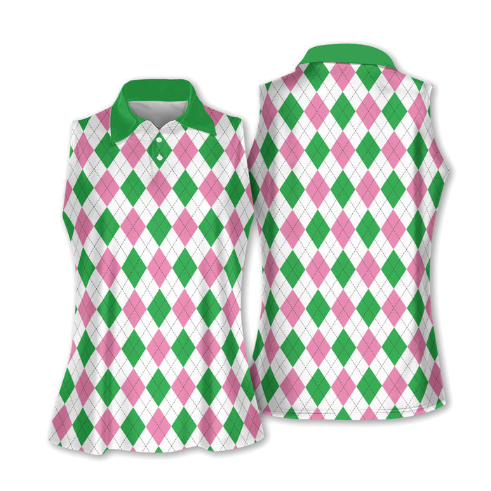 Argyle Pink Sleeveless Womens Golf Shirts, Womens Golf Polo Shirt Ladies Golf Tops, Cute Womens Golf Clothes