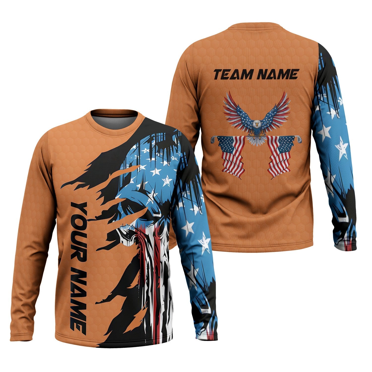 Skull US Flag Orange Custom Men's Golf Polo ShirtGolfing Apparel, Mens Golf Gift