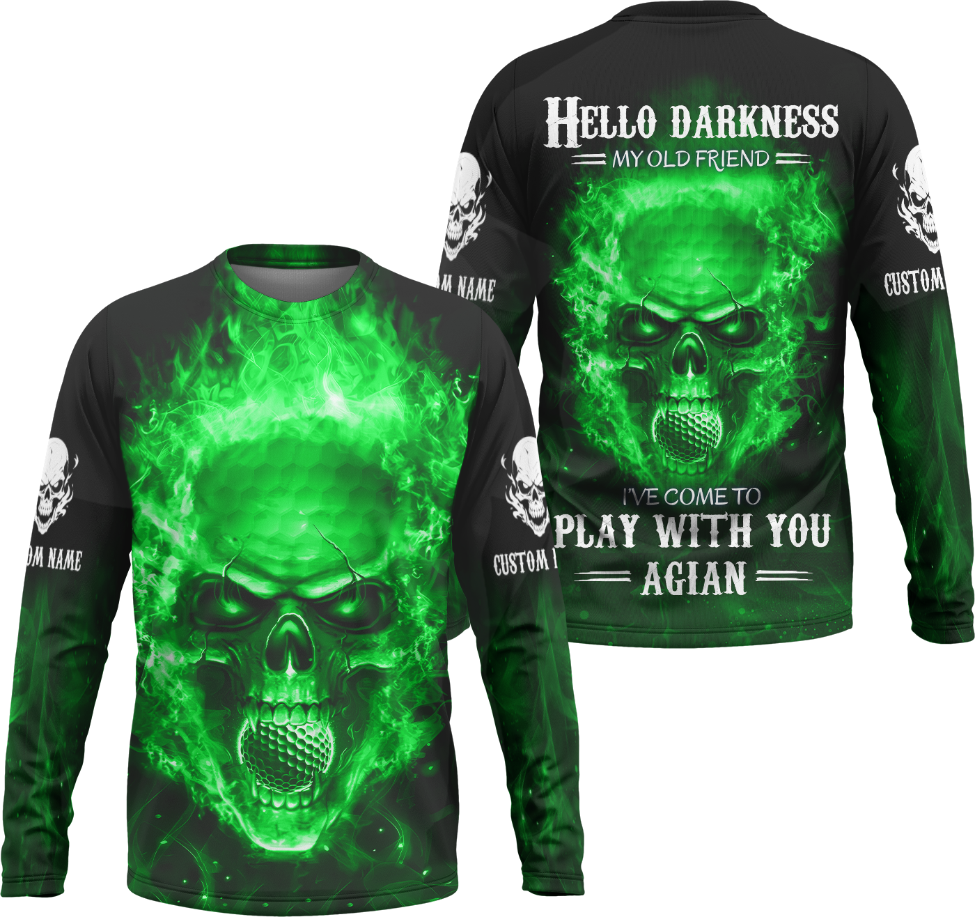 Hello Darkness My Old Green Blue Flame Skull Golf Polo ShirtGolf Apparel, Golf Gift For Men