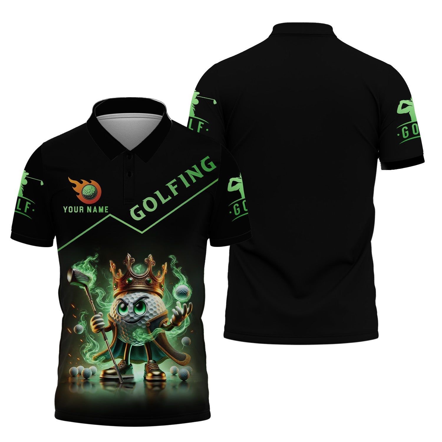 Golf King Green Fire, Custom Name Men's Golf Polo ShirtFunny Golf Polo ShirtGift For Golfers