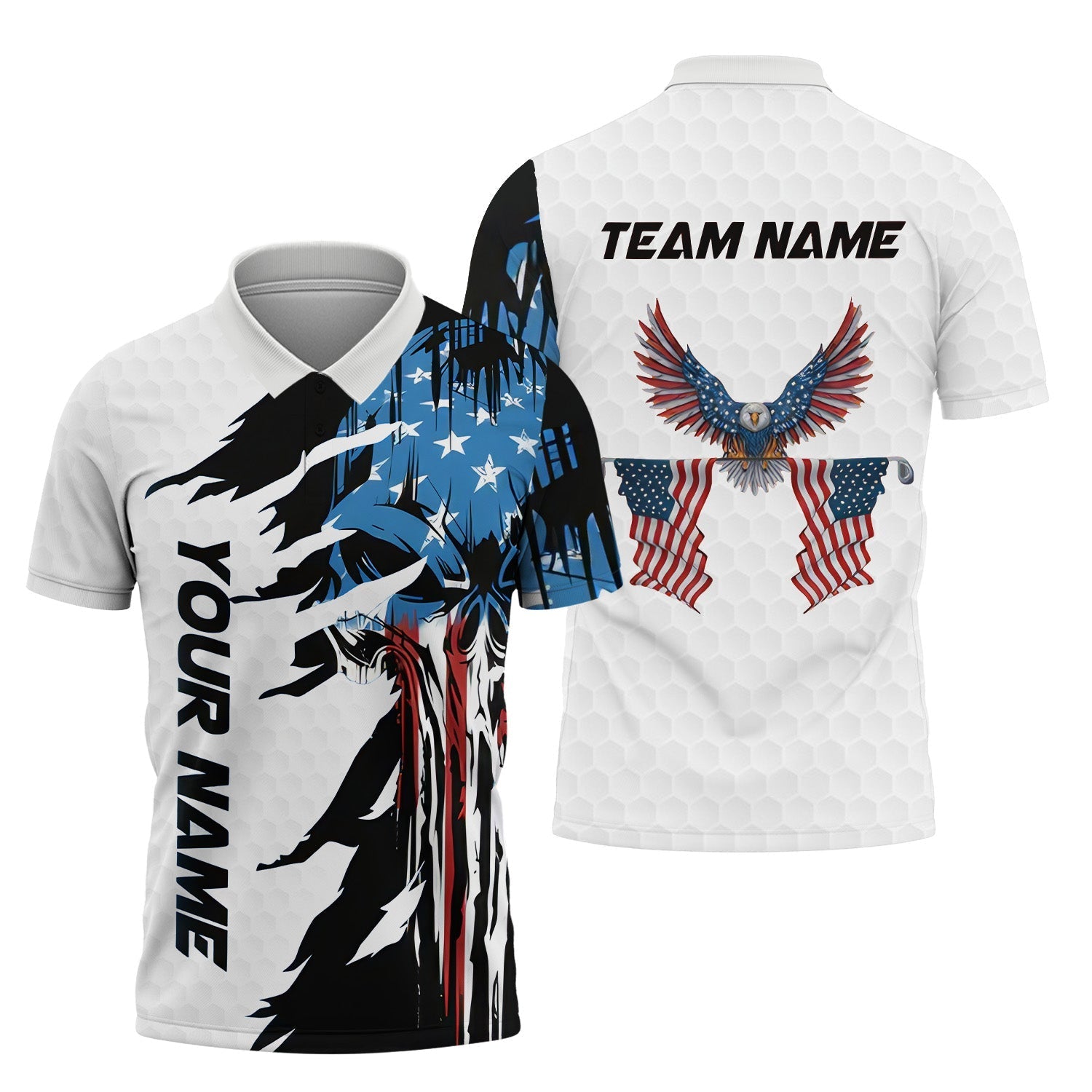 Skull US Flag White Custom Men's Golf Polo ShirtGolfing Apparel, Mens Golf Gift