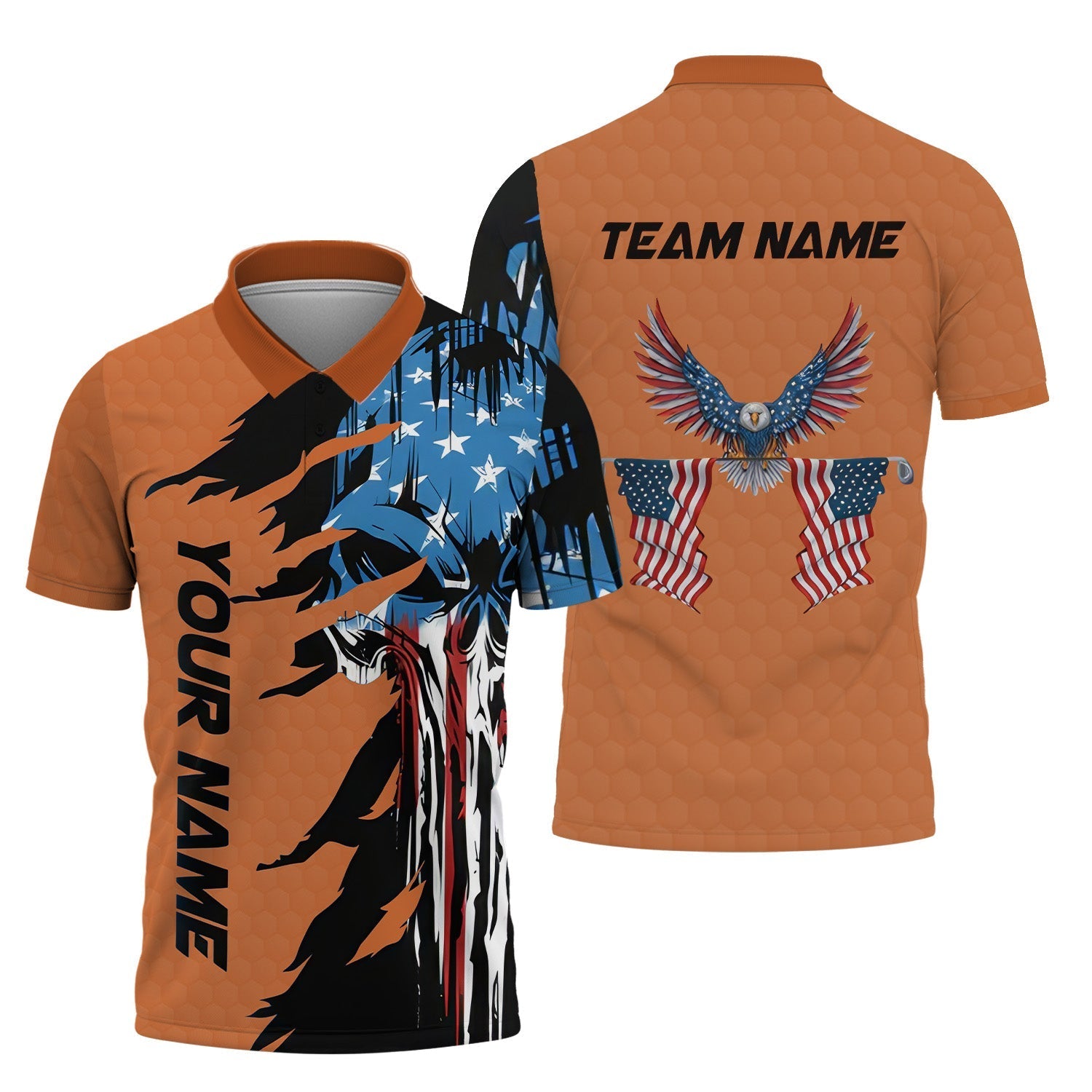 Skull US Flag Orange Custom Men's Golf Polo ShirtGolfing Apparel, Mens Golf Gift