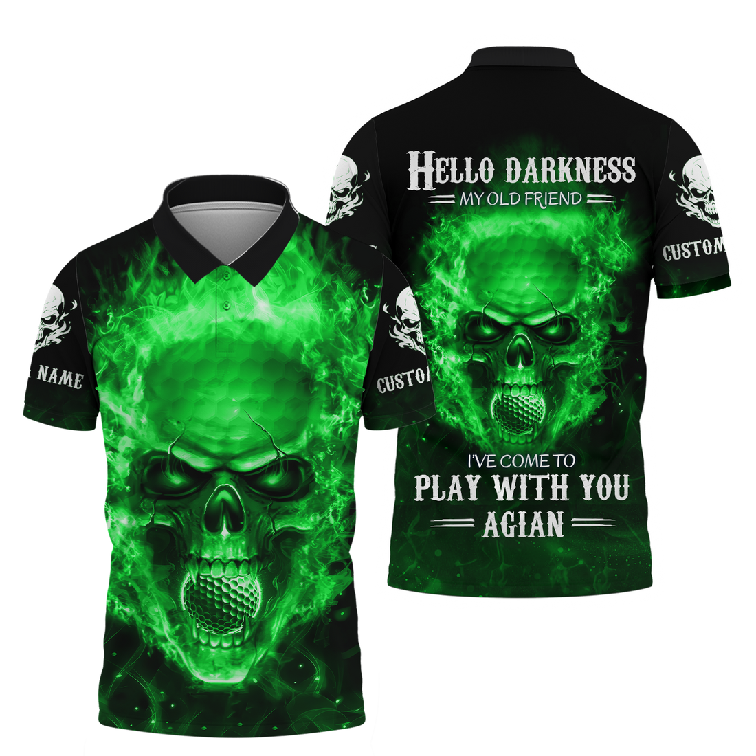 Hello Darkness My Old Green Blue Flame Skull Golf Polo ShirtGolf Apparel, Golf Gift For Men