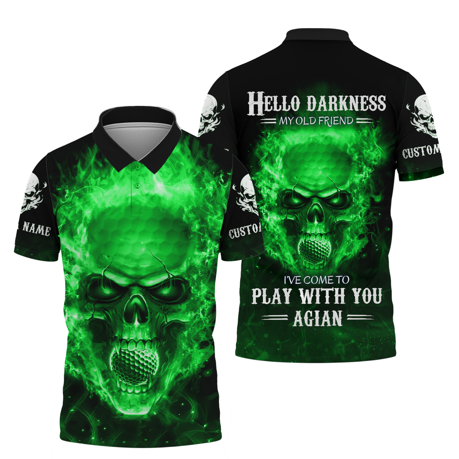 Hello Darkness My Old Green Blue Flame Skull Golf Polo ShirtGolf Apparel, Golf Gift For Men
