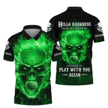 Hello Darkness My Old Green Blue Flame Skull Golf Polo ShirtGolf Apparel, Golf Gift For Men