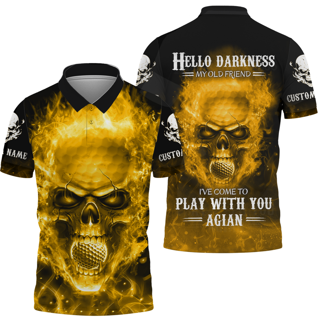 Hello Darkness My Old Fire Skull Golf Polo ShirtGolf Apparel, Golf Gift For Men
