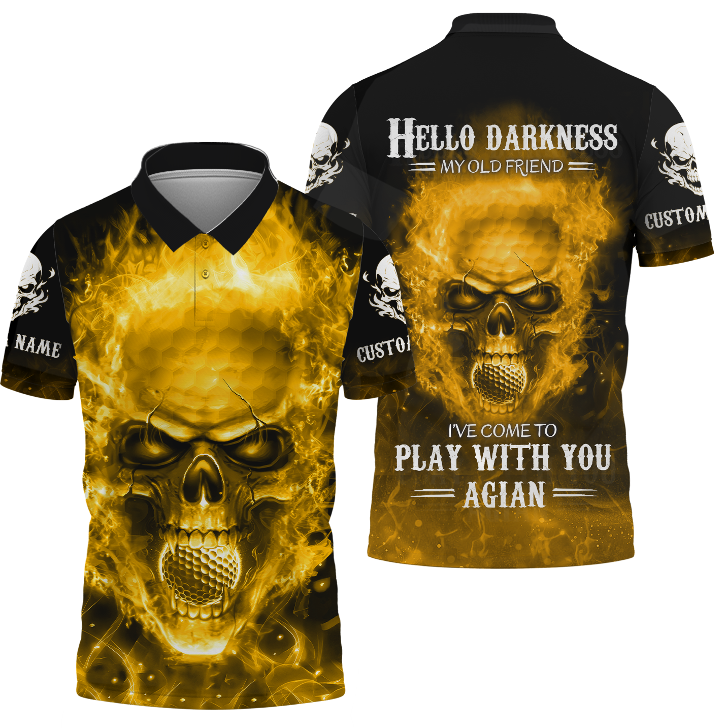 Hello Darkness My Old Fire Skull Golf Polo ShirtGolf Apparel, Golf Gift For Men