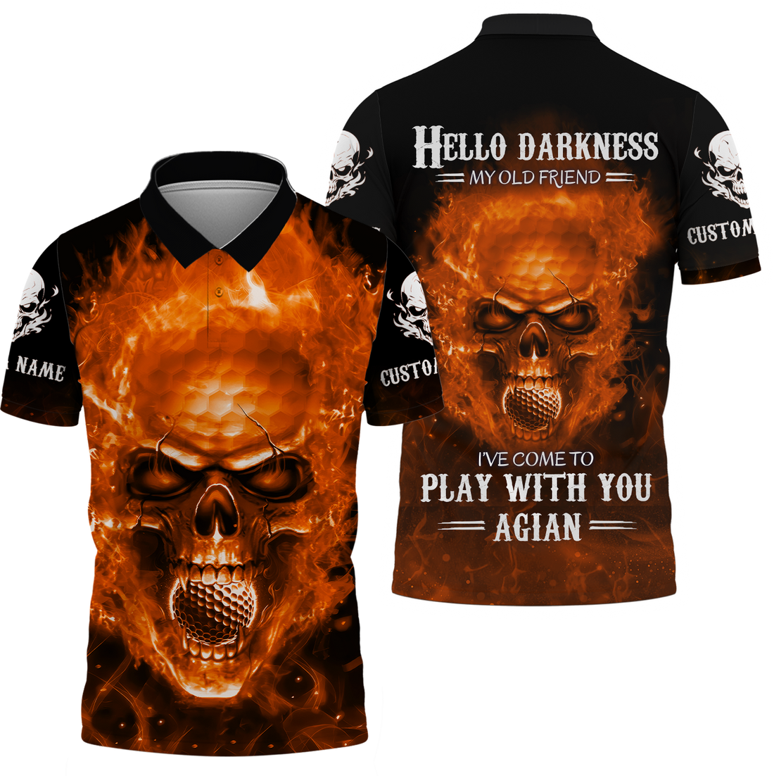 Hello Darkness My Old Flaming Skull Golf Polo ShirtGolf Apparel, Golf Gift For Men