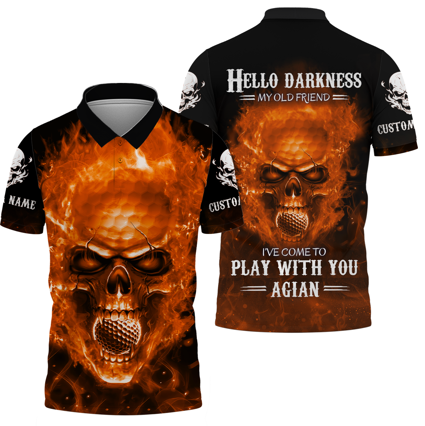Hello Darkness My Old Flaming Skull Golf Polo ShirtGolf Apparel, Golf Gift For Men