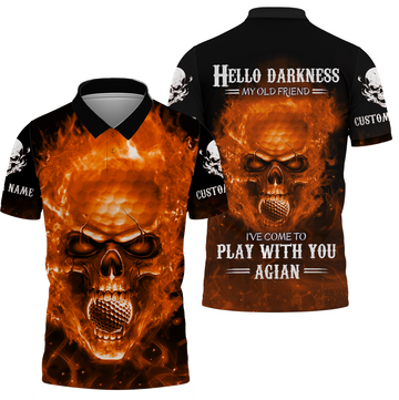 Hello Darkness My Old Flaming Skull Golf Polo ShirtGolf Apparel, Golf Gift For Men