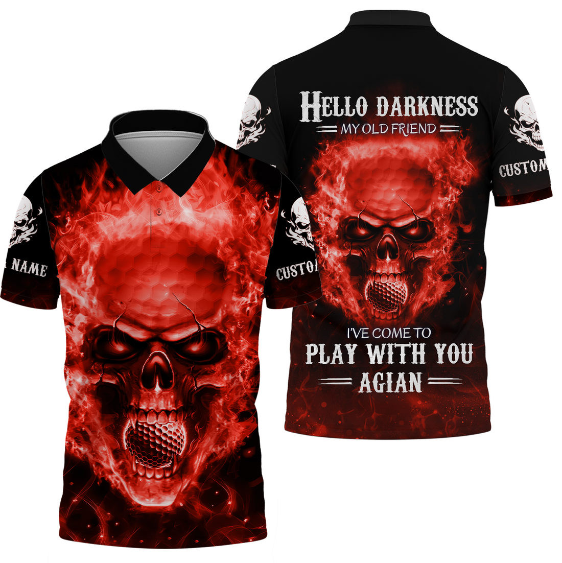 Hello Darkness My Old Flaming Fire Skull Golf Polo ShirtGolf Apparel, Golf Gift For Men