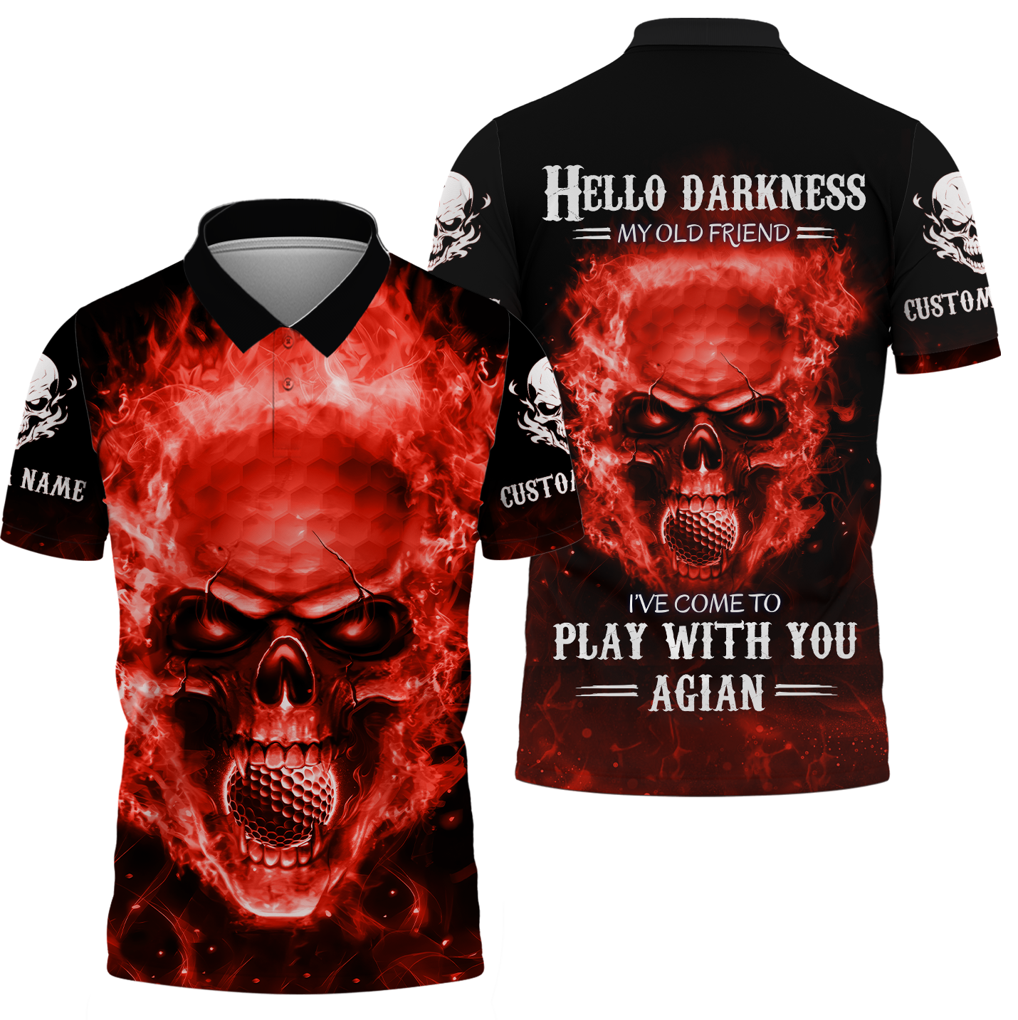 Hello Darkness My Old Flaming Fire Skull Golf Polo ShirtGolf Apparel, Golf Gift For Men