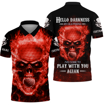 Hello Darkness My Old Flaming Fire Skull Golf Polo ShirtGolf Apparel, Golf Gift For Men