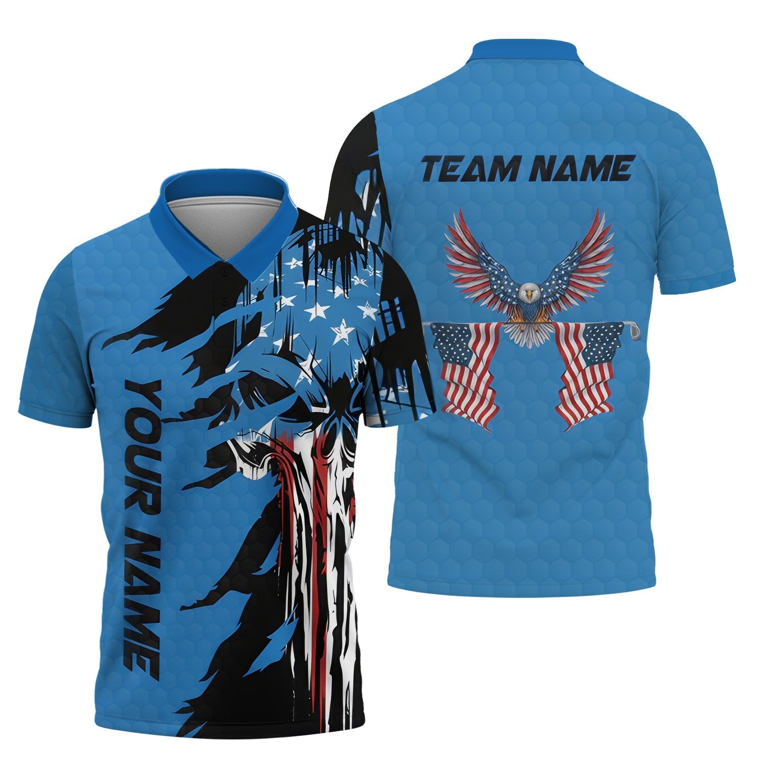 Skull US Flag Blue Custom Men's Golf Polo ShirtGolfing Apparel, Mens Golf Gift