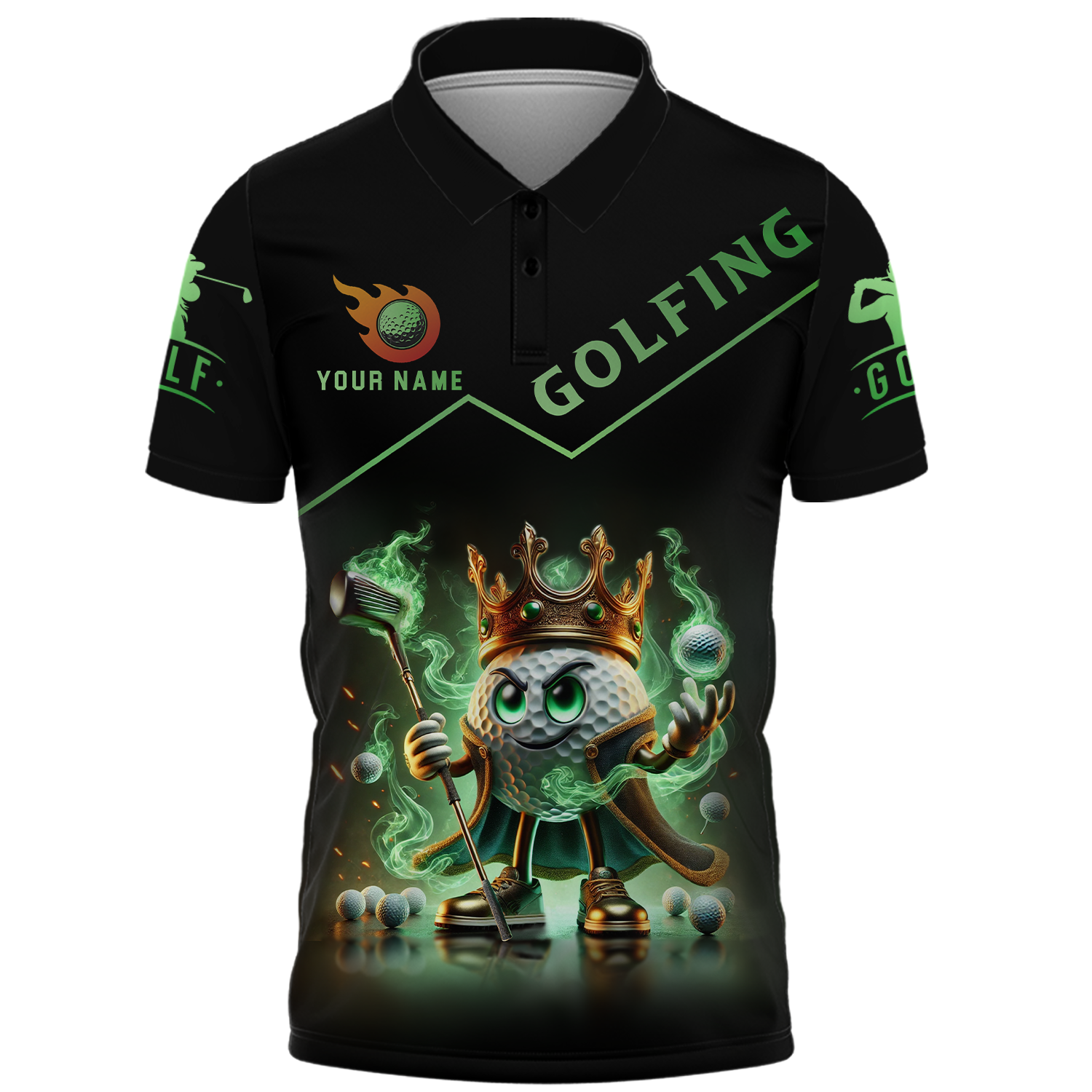 Golf King Green Fire, Custom Name Men's Golf Polo ShirtFunny Golf Polo ShirtGift For Golfers