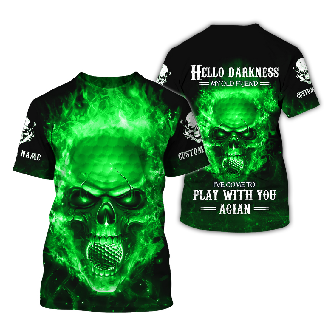 Hello Darkness My Old Green Blue Flame Skull Golf Polo ShirtGolf Apparel, Golf Gift For Men