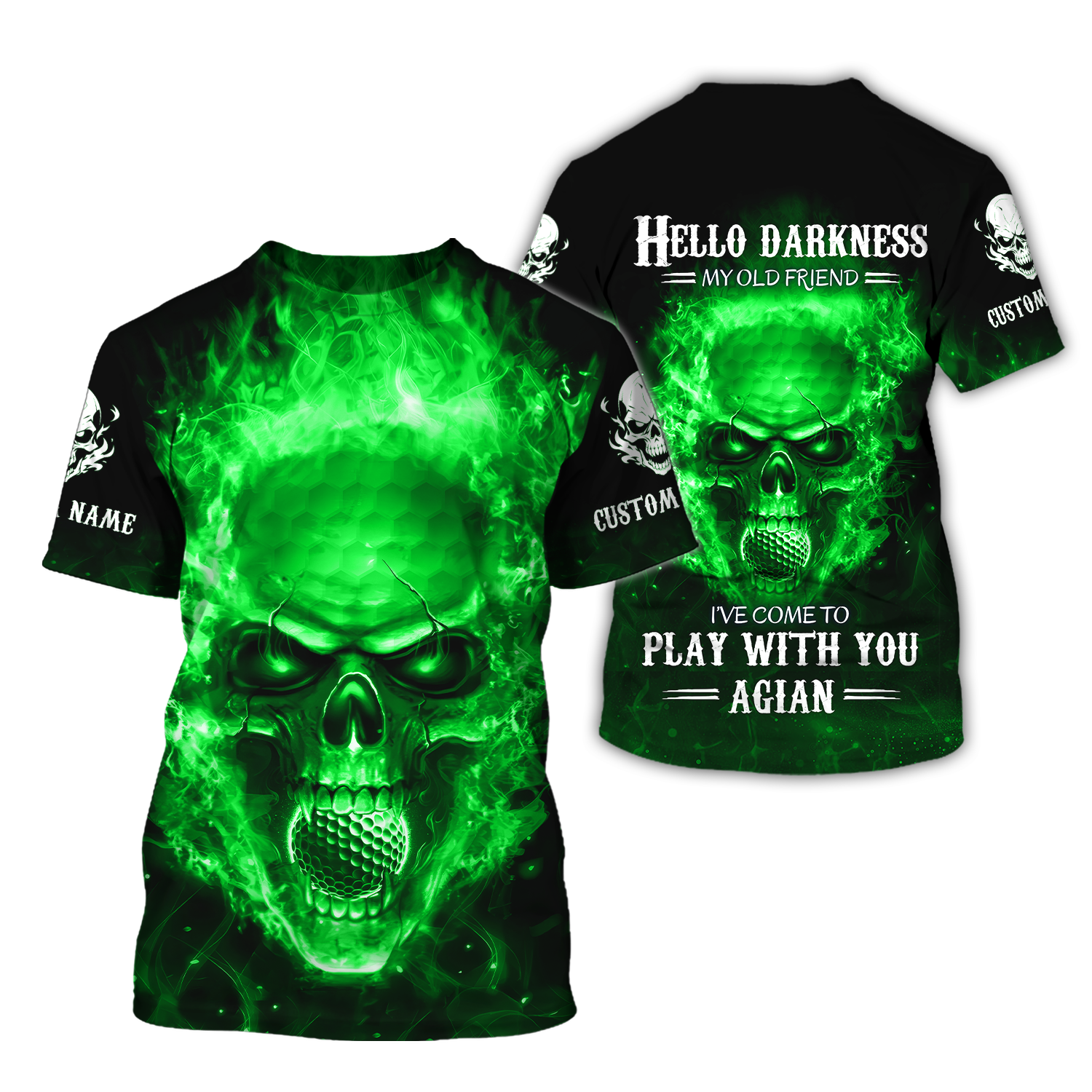Hello Darkness My Old Green Blue Flame Skull Golf Polo ShirtGolf Apparel, Golf Gift For Men