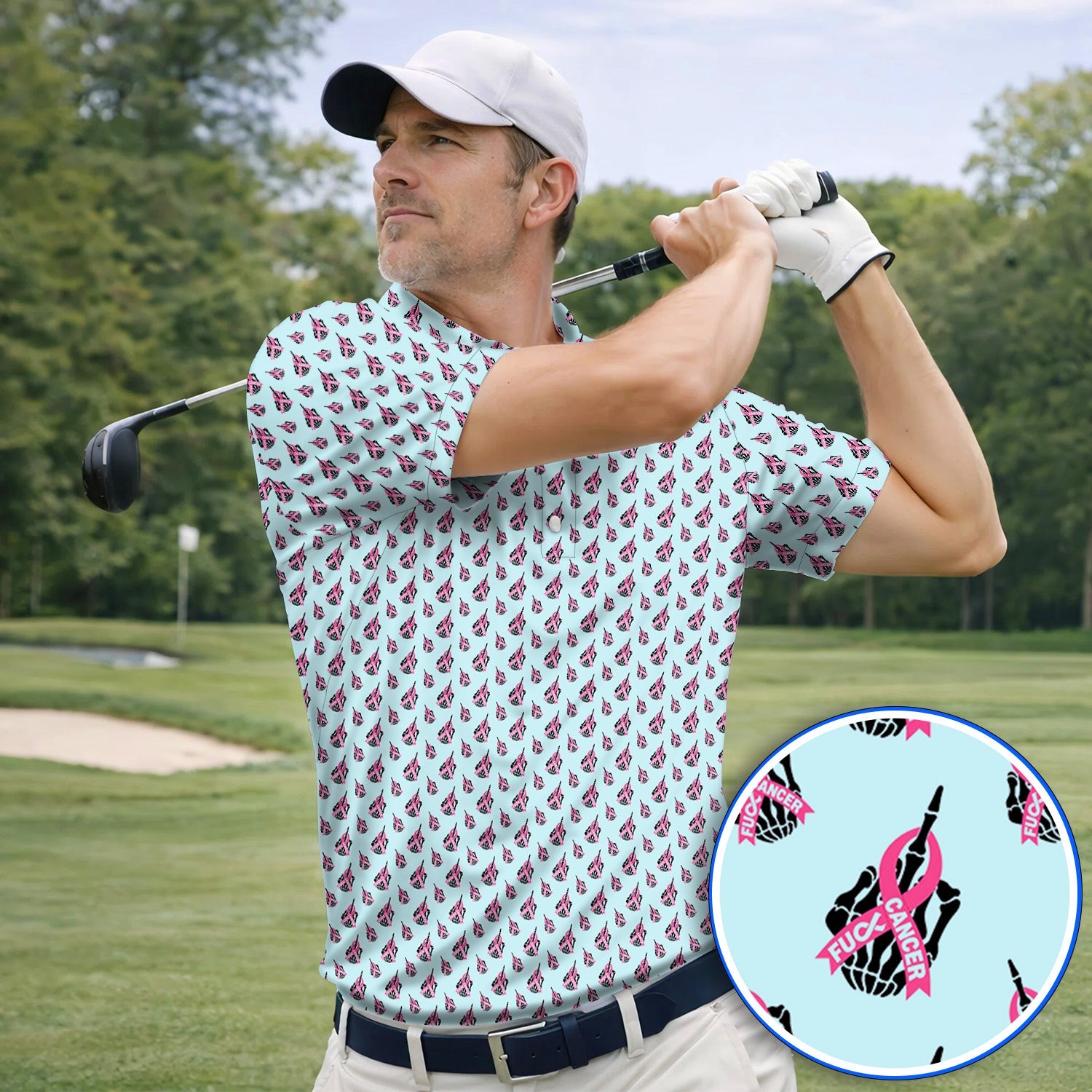 Breast Cancer Awareness Golf Polos, Pink Ribbon Pattern Golf Shirt For Breast Cancer Support, Golf Gift For Golfer