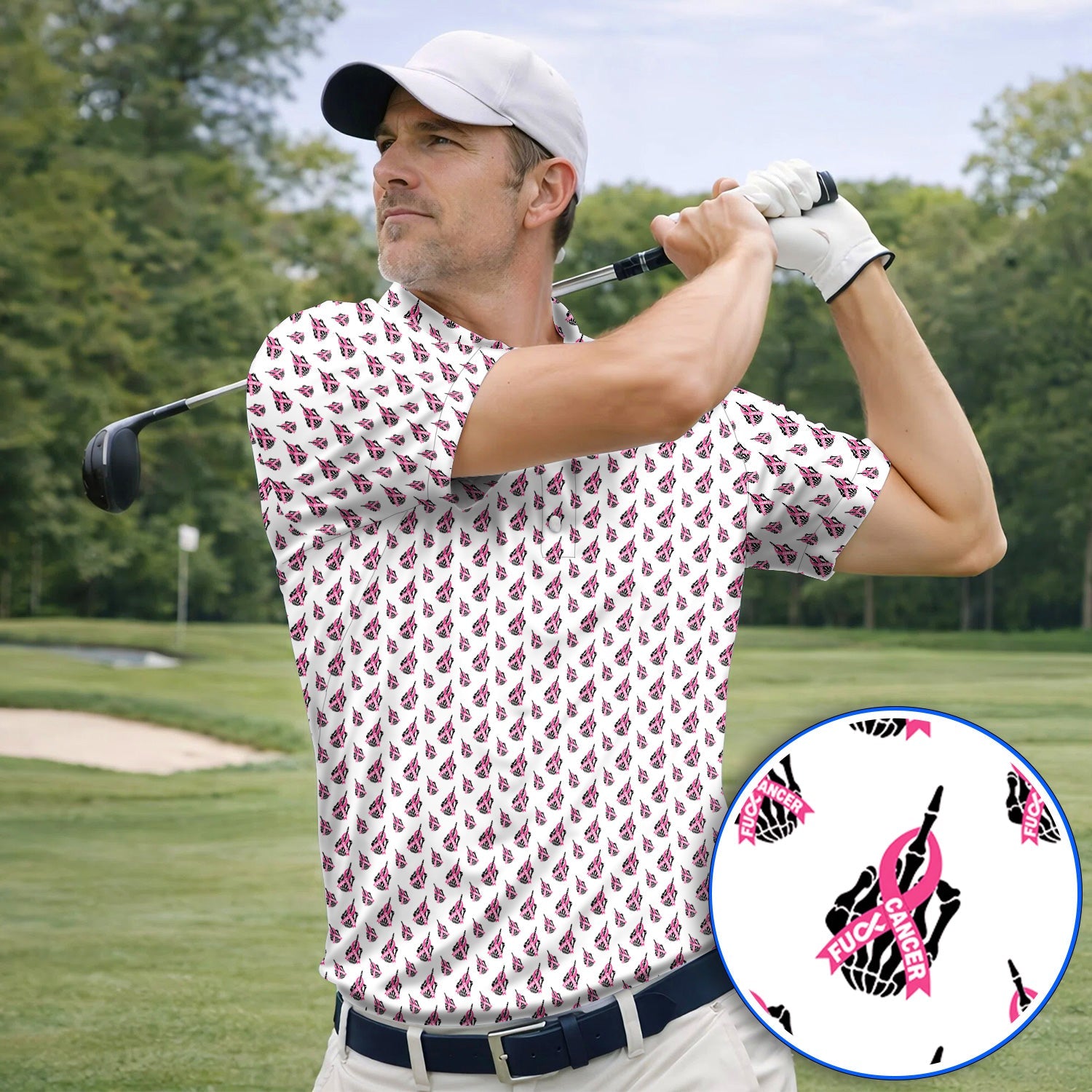Breast Cancer Awareness Golf Polos, Pink Ribbon Pattern Golf Shirt For Breast Cancer Support, Golf Gift For Golfer