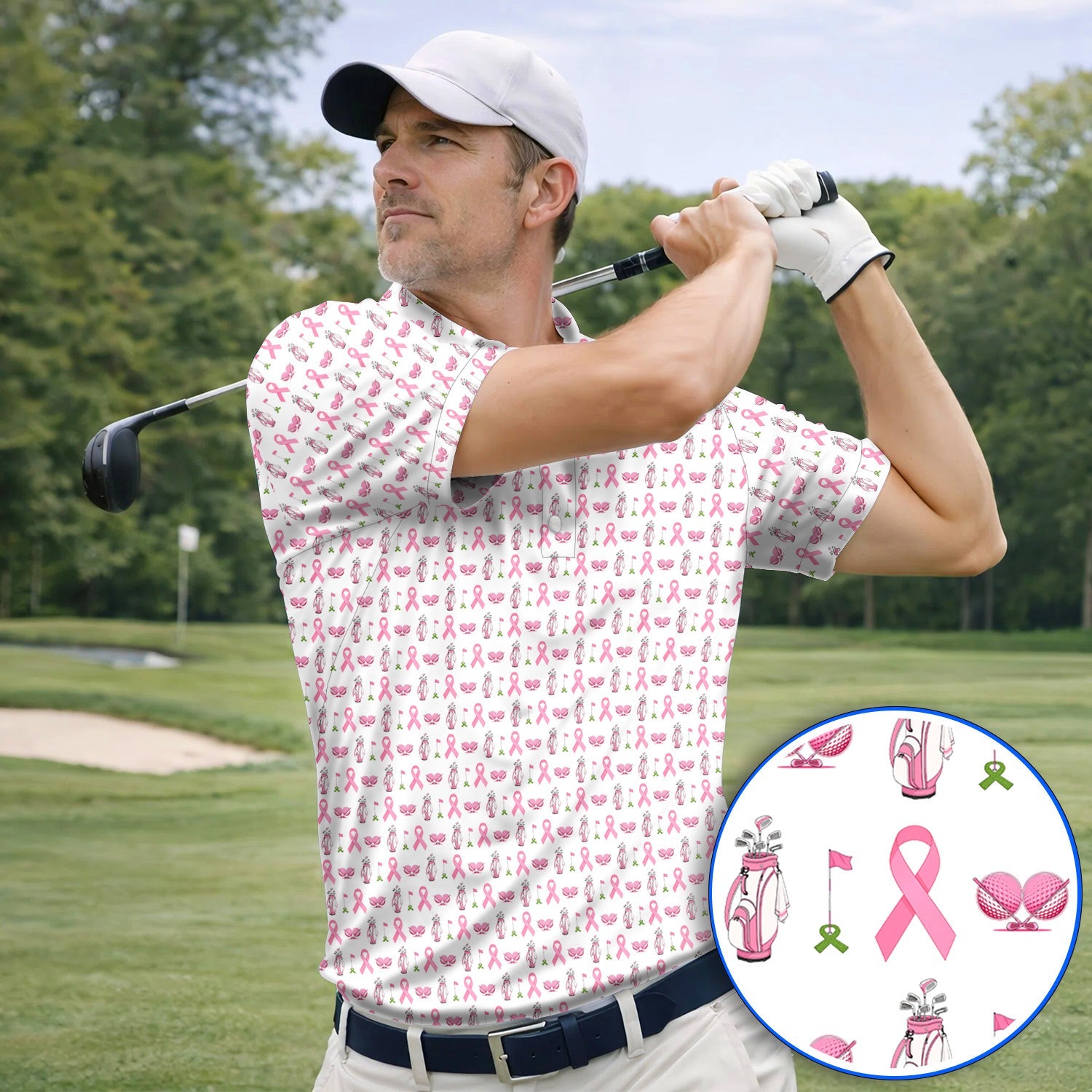 Breast Cancer Pattern Golf Polos, Pink Ribbon Golf Shirt for Golf Lovers, Support Breast Cancer Awareness Gift