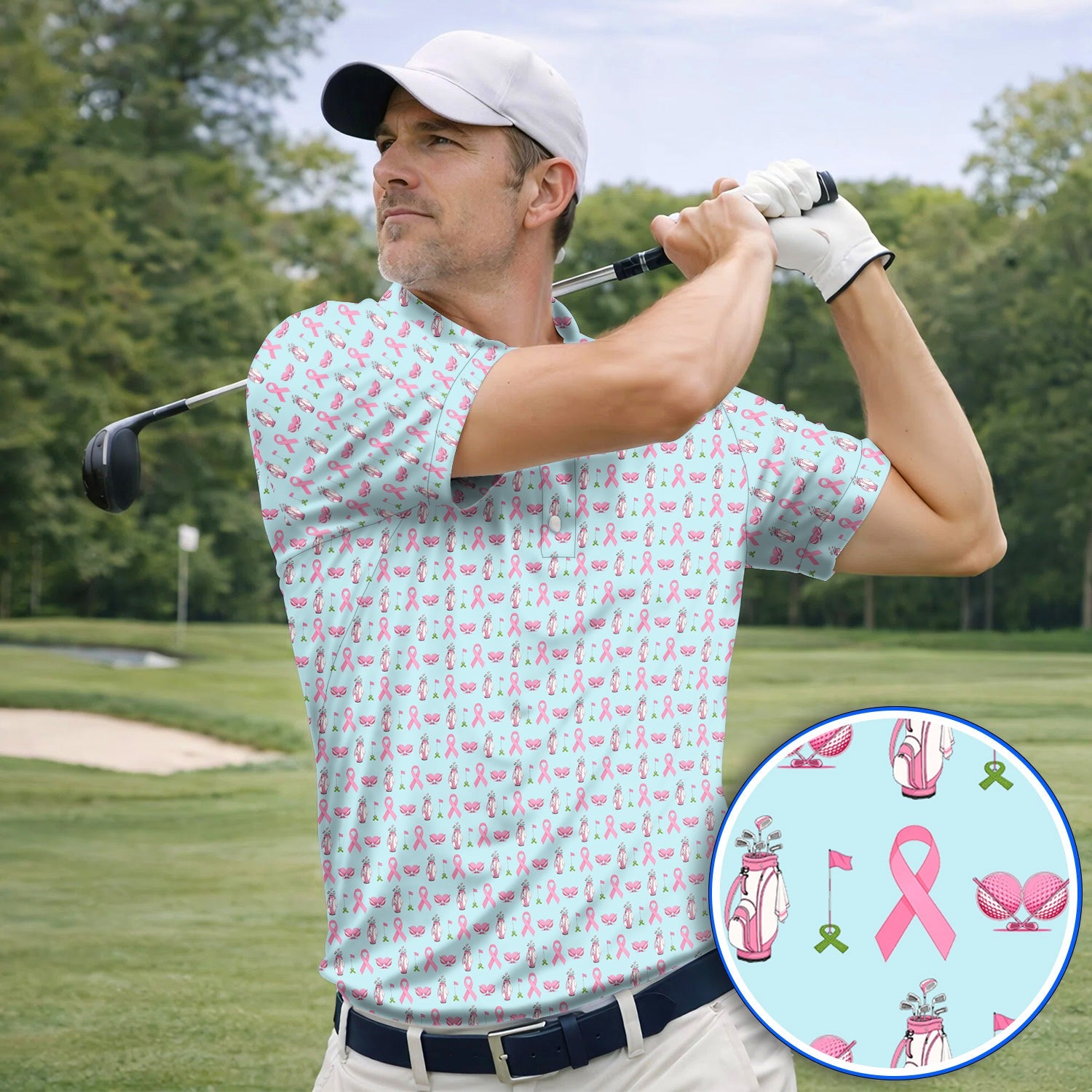 Breast Cancer Pattern Golf Polos, Pink Ribbon Golf Shirt for Golf Lovers, Support Breast Cancer Awareness Gift