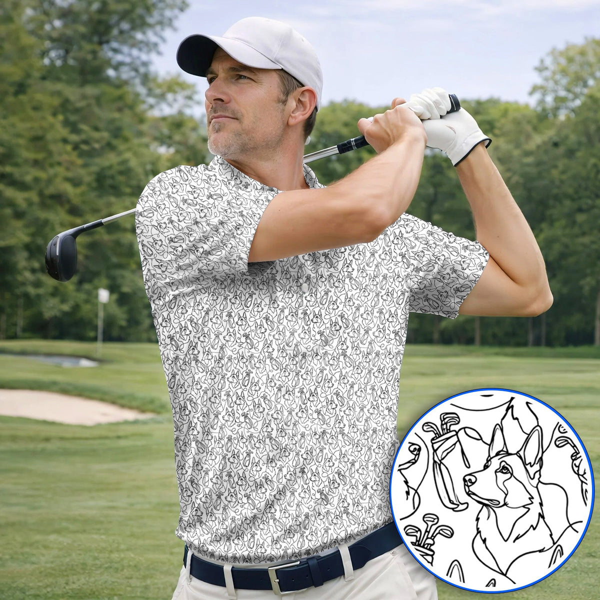 German Shepherd Line Art Golf Shirt, Crazy German Pattern Golf Shirt, Golf Gift For Golfers