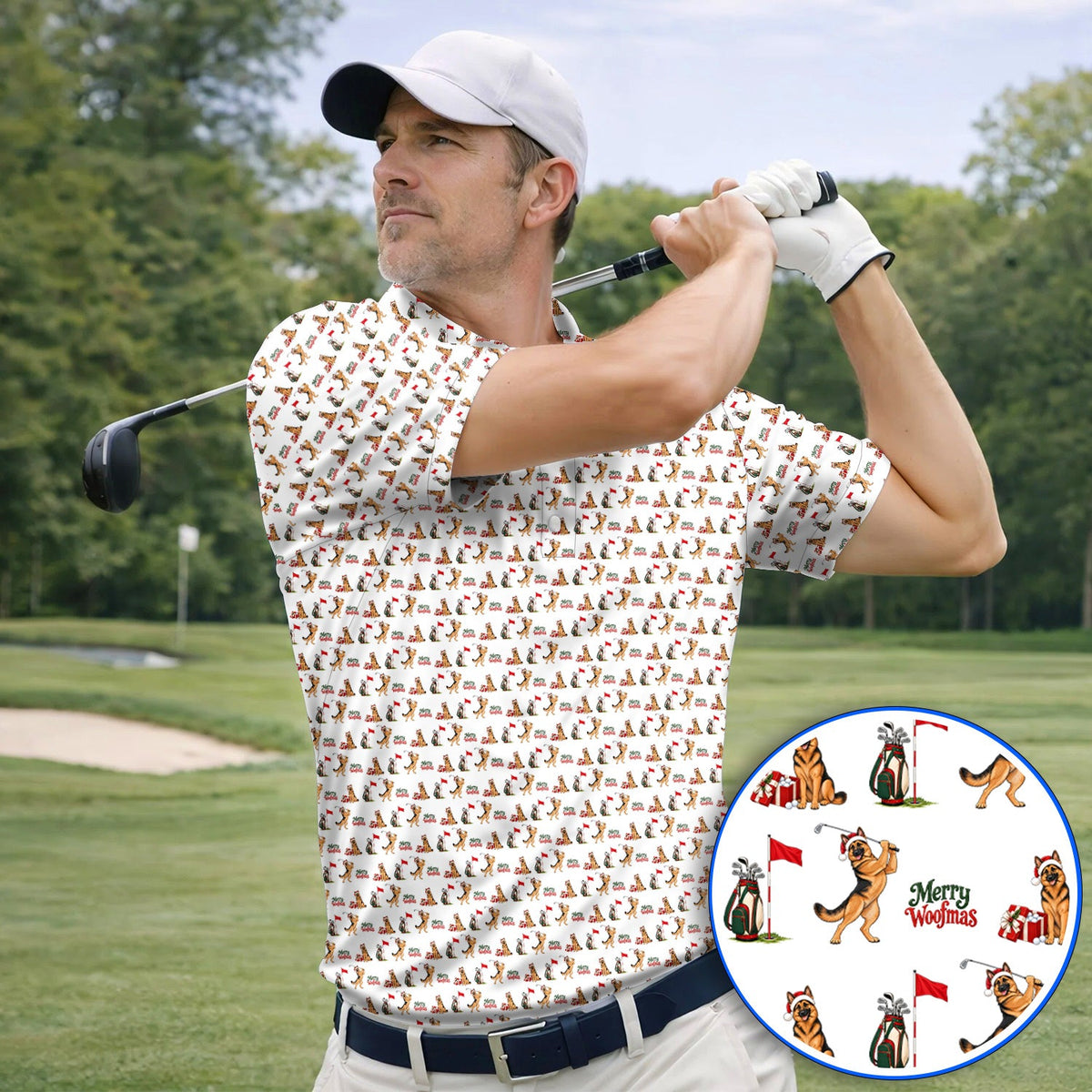 Merry Woofmas German Shepherd Golf Shirt, Christmas Dog Pattern Golf Polos, Xmas Golf Gift For Dog Lovers