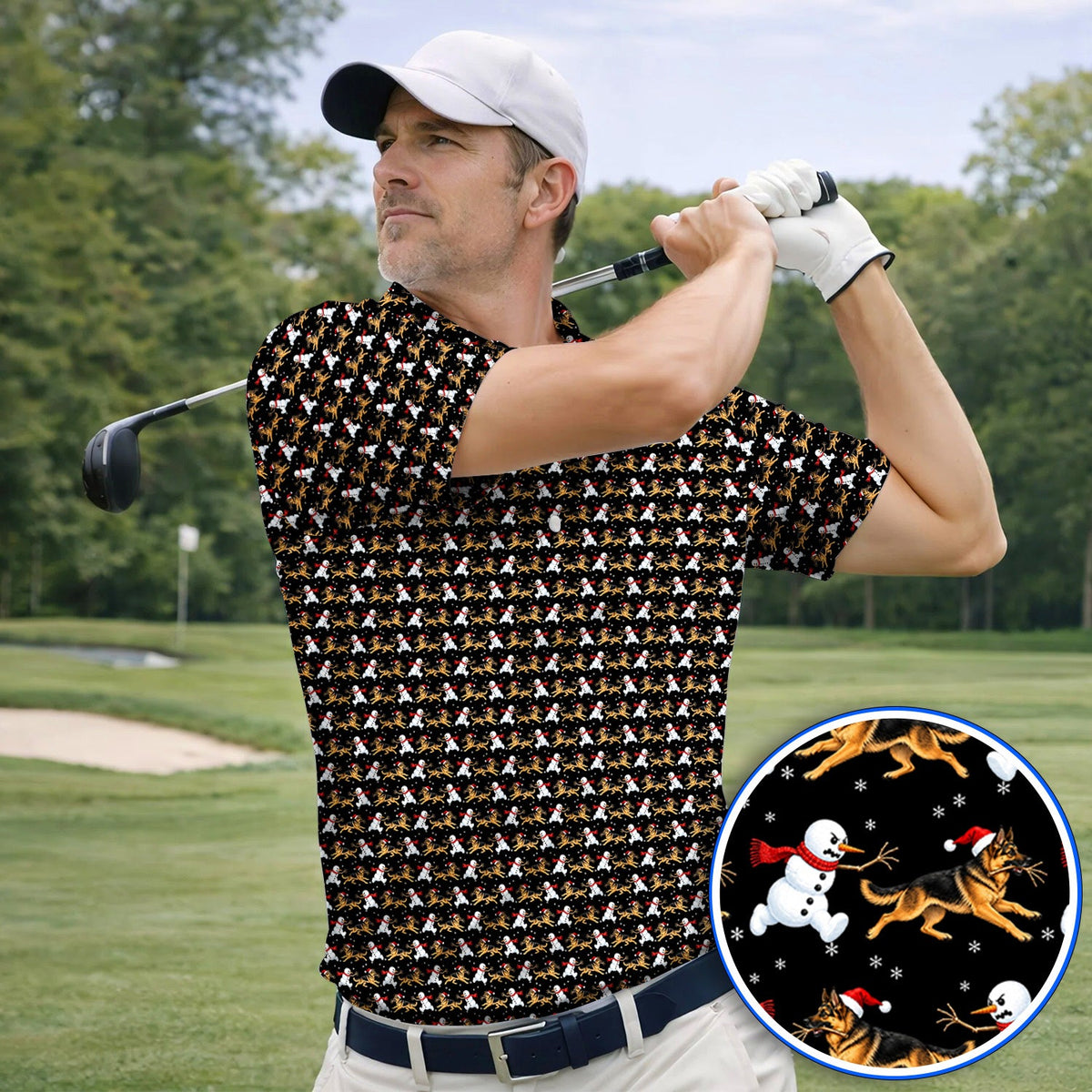 German Shepherd Christmas Golf Polos, Funny Snowman & Santa Dog Pattern Golf Shirt, Xmas Golf Gift For Golfers