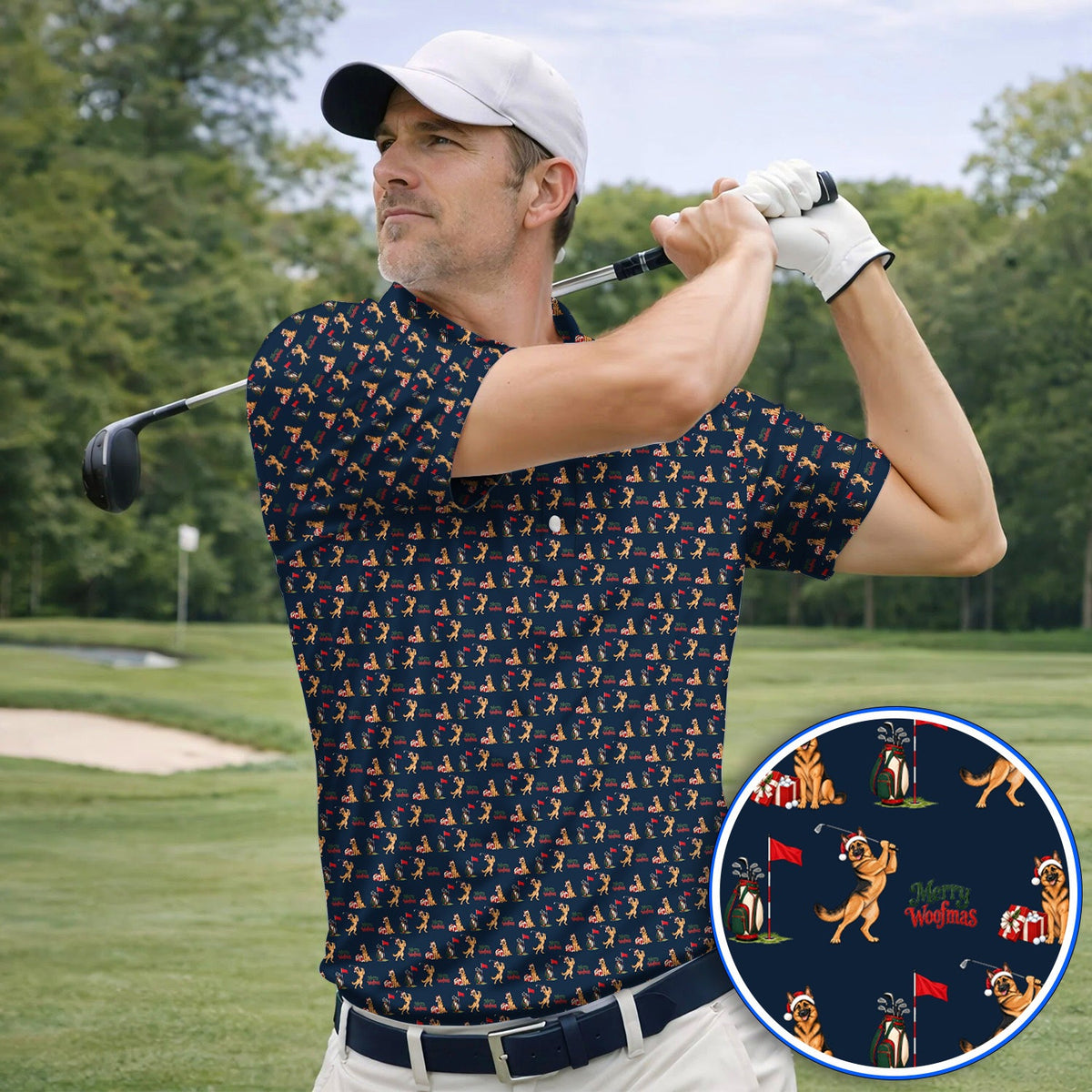 Merry Woofmas German Shepherd Golf Shirt, Christmas Dog Pattern Golf Polos, Xmas Golf Gift For Dog Lovers