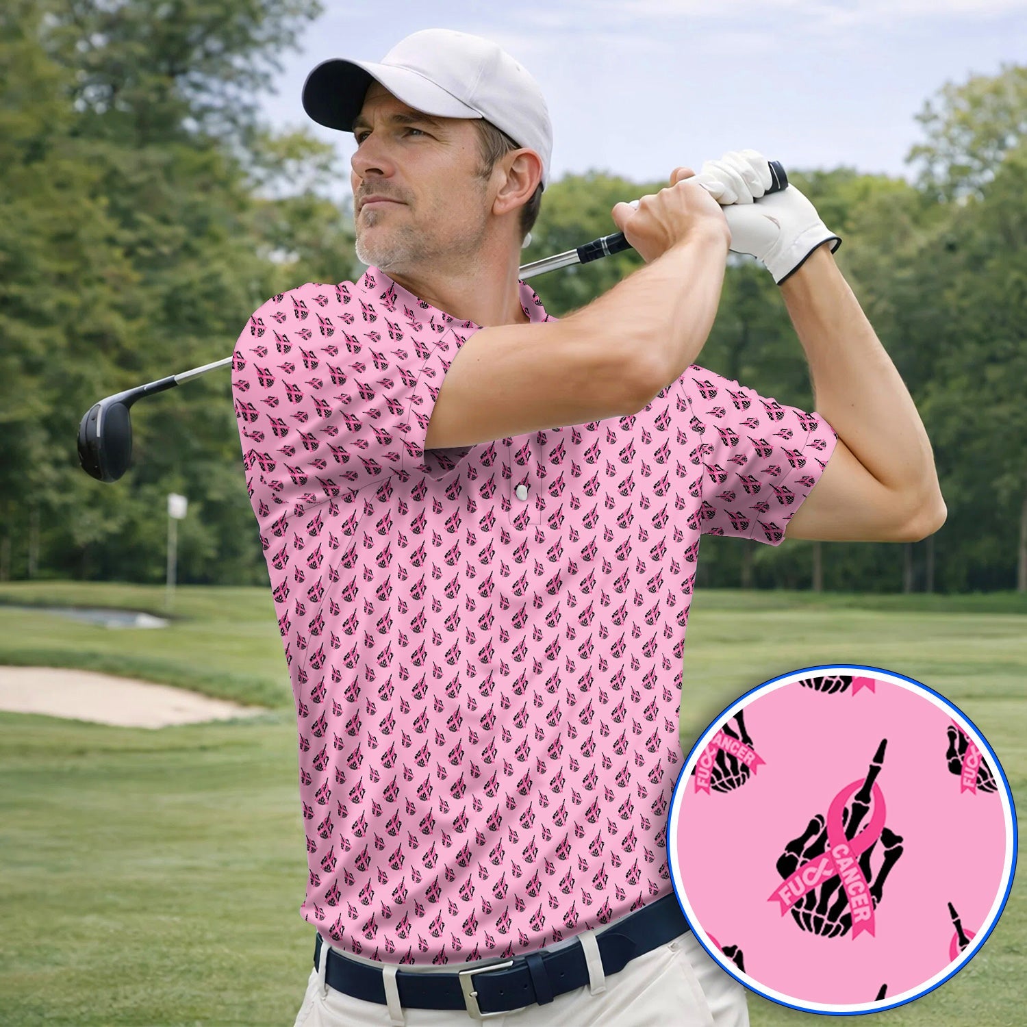 Breast Cancer Awareness Golf Polos, Pink Ribbon Pattern Golf Shirt For Breast Cancer Support, Golf Gift For Golfer