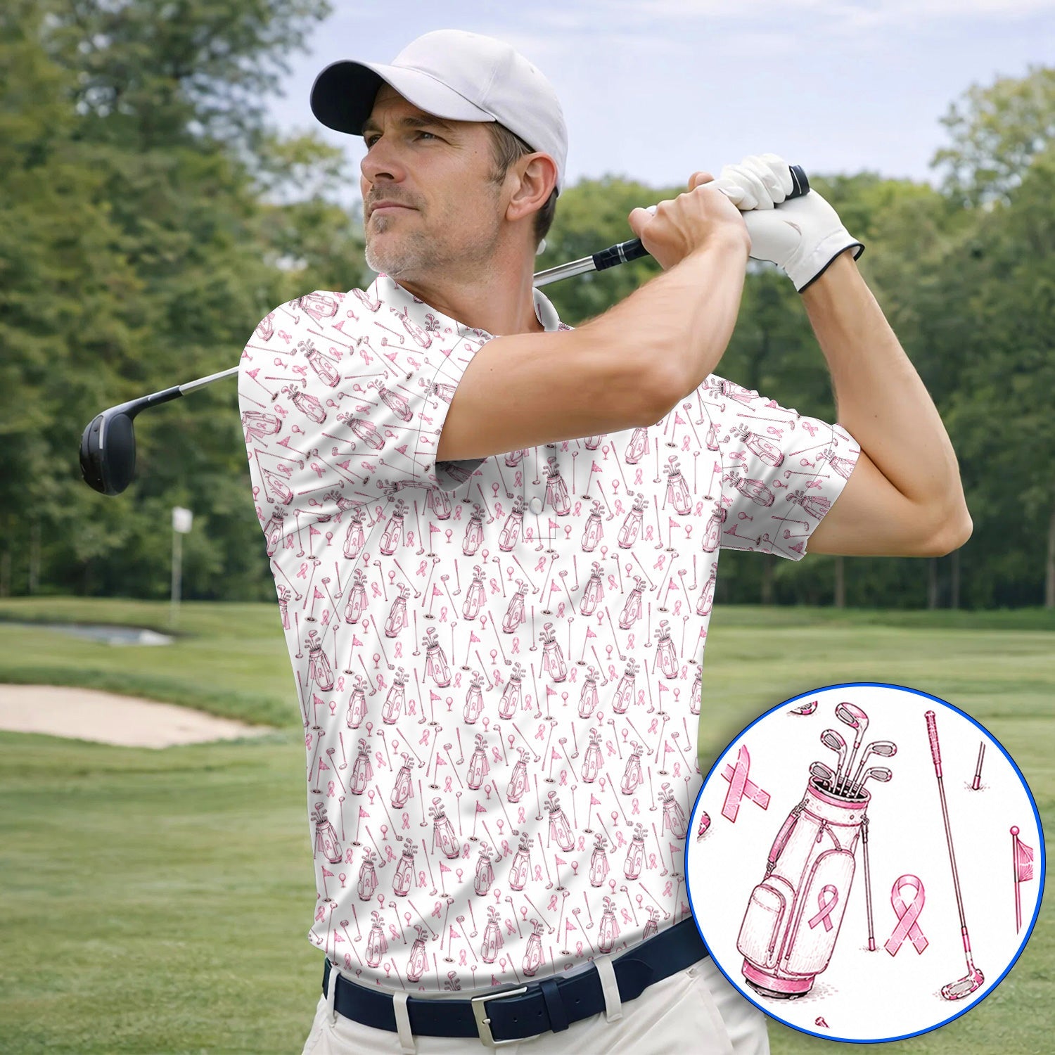 Breast Cancer Pattern Golf Shirt, Pink Ribbon Golf Polos for Golf Lovers, Support Breast Cancer Awareness Gift