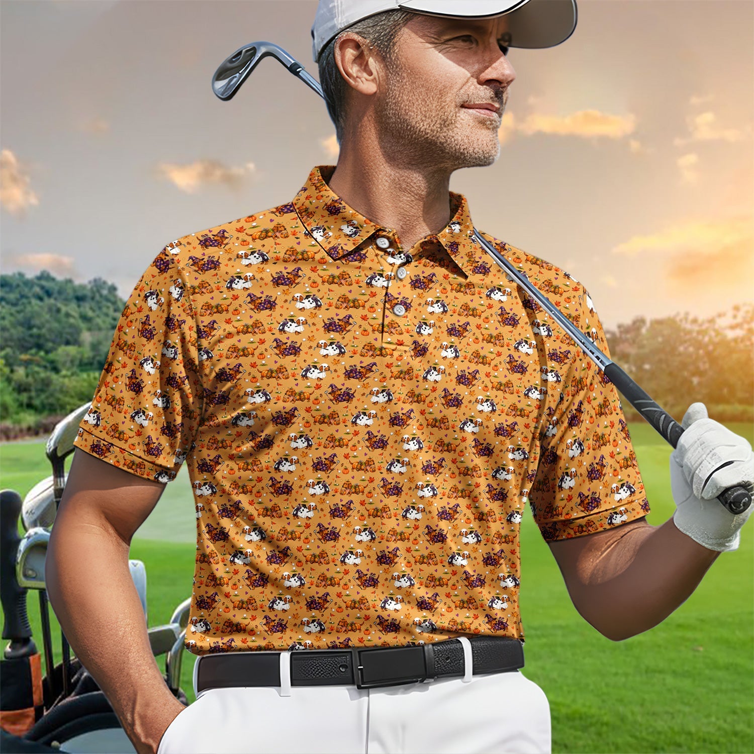 Halloween Dachshund Golf Polo Shirt for Men – Funny Spooky Wiener Dog Golfer Polo