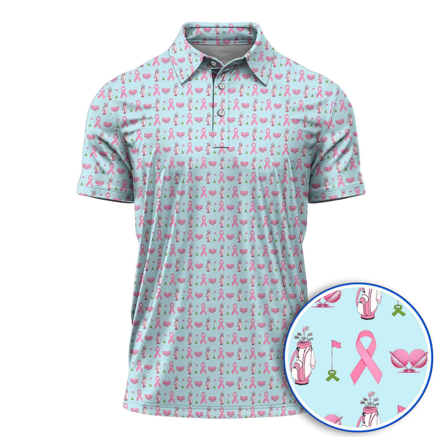 Breast Cancer Pattern Golf Polos, Pink Ribbon Golf Shirt for Golf Lovers, Support Breast Cancer Awareness Gift