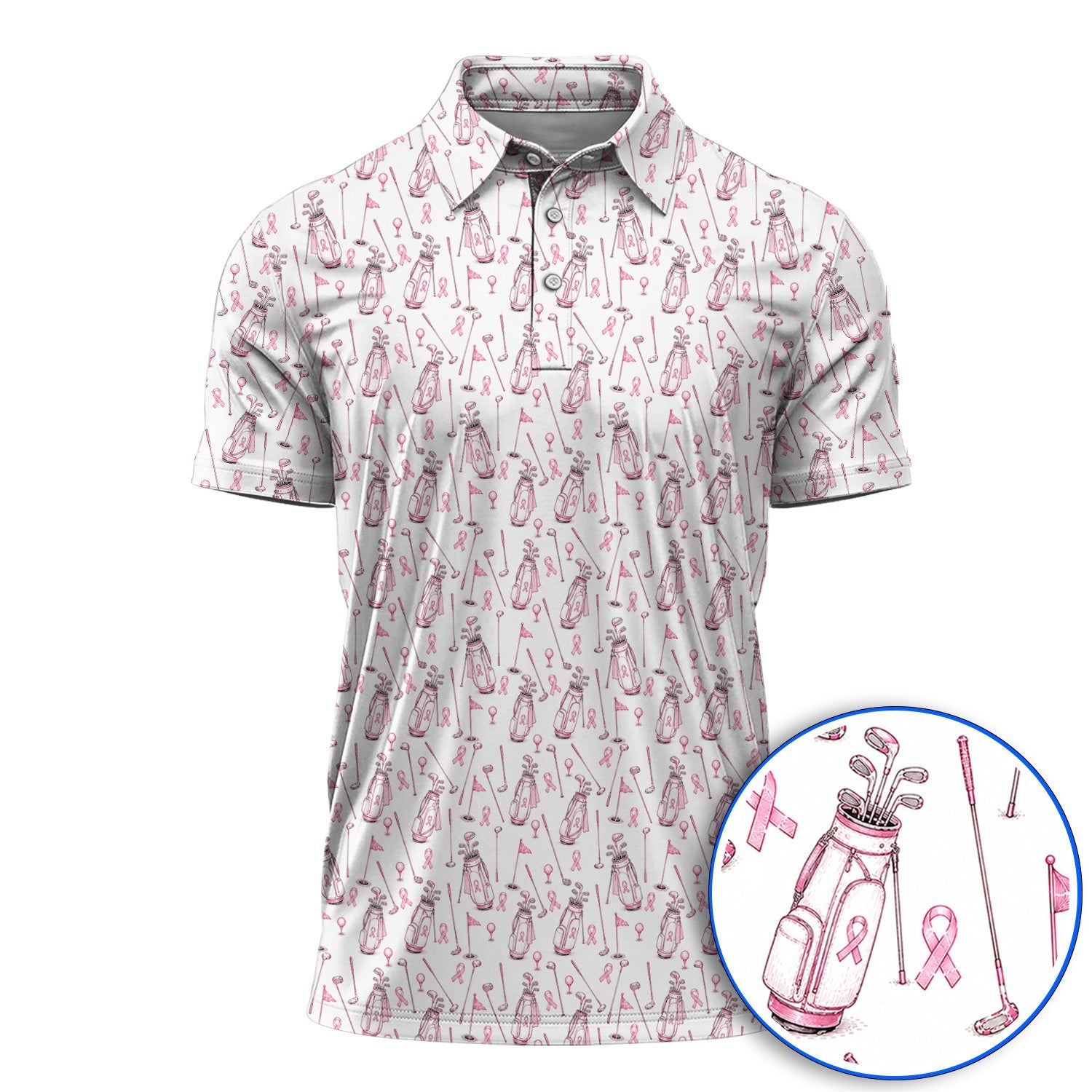 Breast Cancer Pattern Golf Shirt, Pink Ribbon Golf Polos for Golf Lovers, Support Breast Cancer Awareness Gift