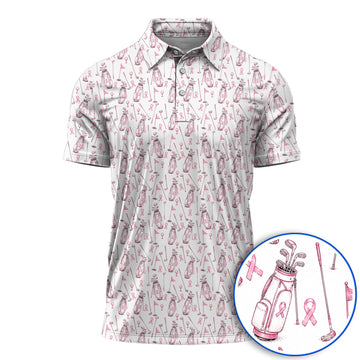 Breast Cancer Pattern Golf Shirt, Pink Ribbon Golf Polos for Golf Lovers, Support Breast Cancer Awareness Gift