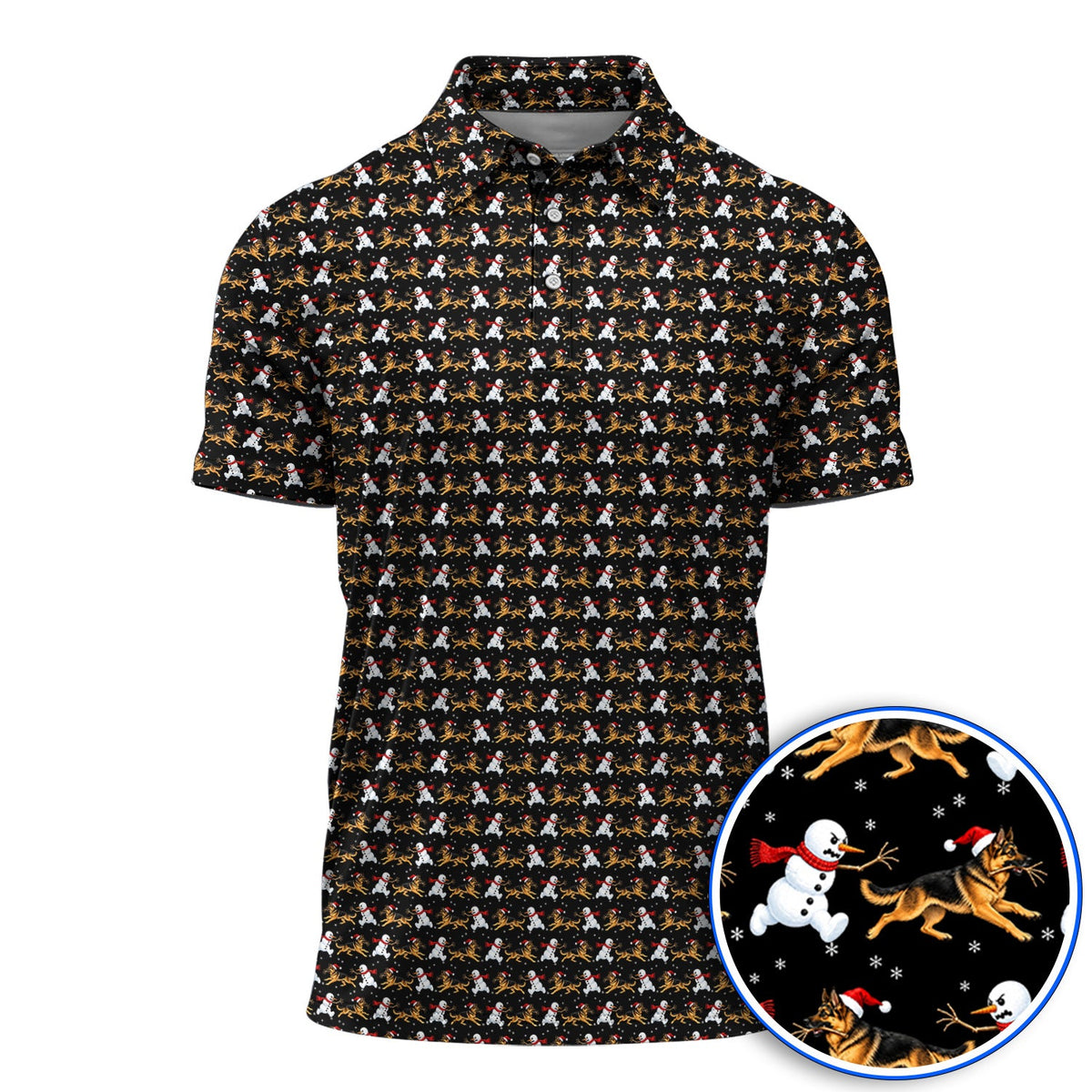 German Shepherd Christmas Golf Polos, Funny Snowman & Santa Dog Pattern Golf Shirt, Xmas Golf Gift For Golfers