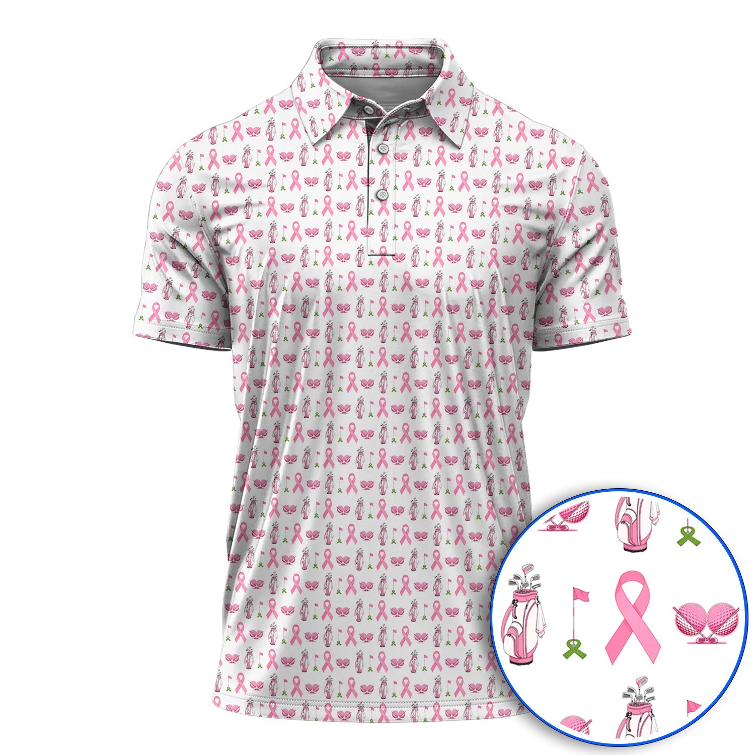 Breast Cancer Pattern Golf Polos, Pink Ribbon Golf Shirt for Golf Lovers, Support Breast Cancer Awareness Gift