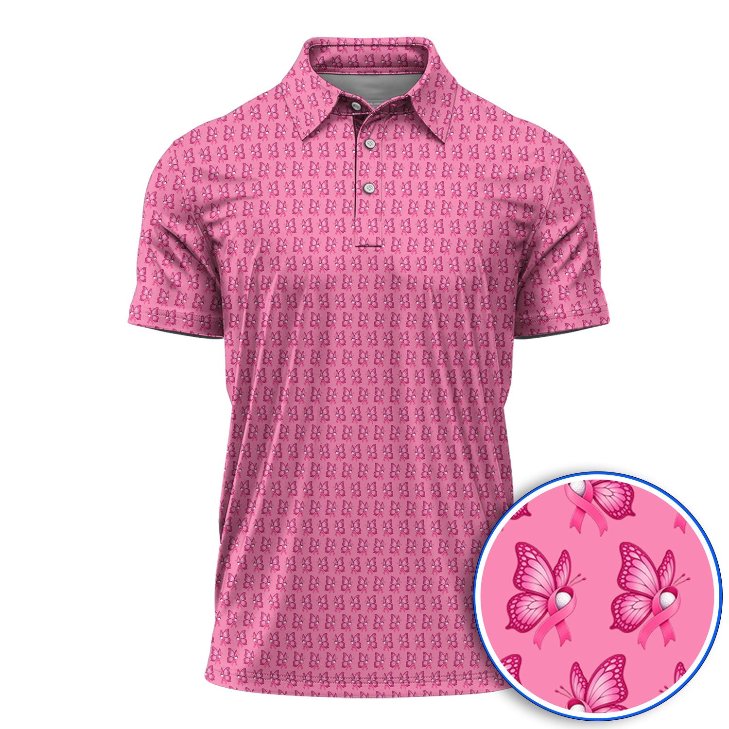 Breast Cancer Awareness Golf Polos, Pink Ribbon Butterfly Golf Shirt for Golf Lovers, Support Cancer Awareness Golf Gift