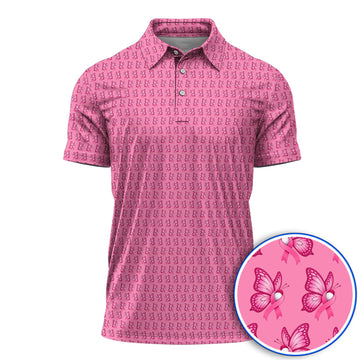 Breast Cancer Awareness Golf Polos, Pink Ribbon Butterfly Golf Shirt for Golf Lovers, Support Cancer Awareness Golf Gift