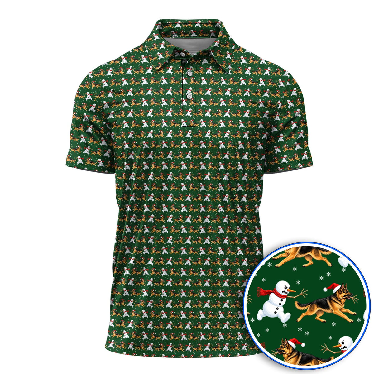German Shepherd Christmas Golf Polos, Funny Snowman & Santa Dog Pattern Golf Shirt, Xmas Golf Gift For Golfers