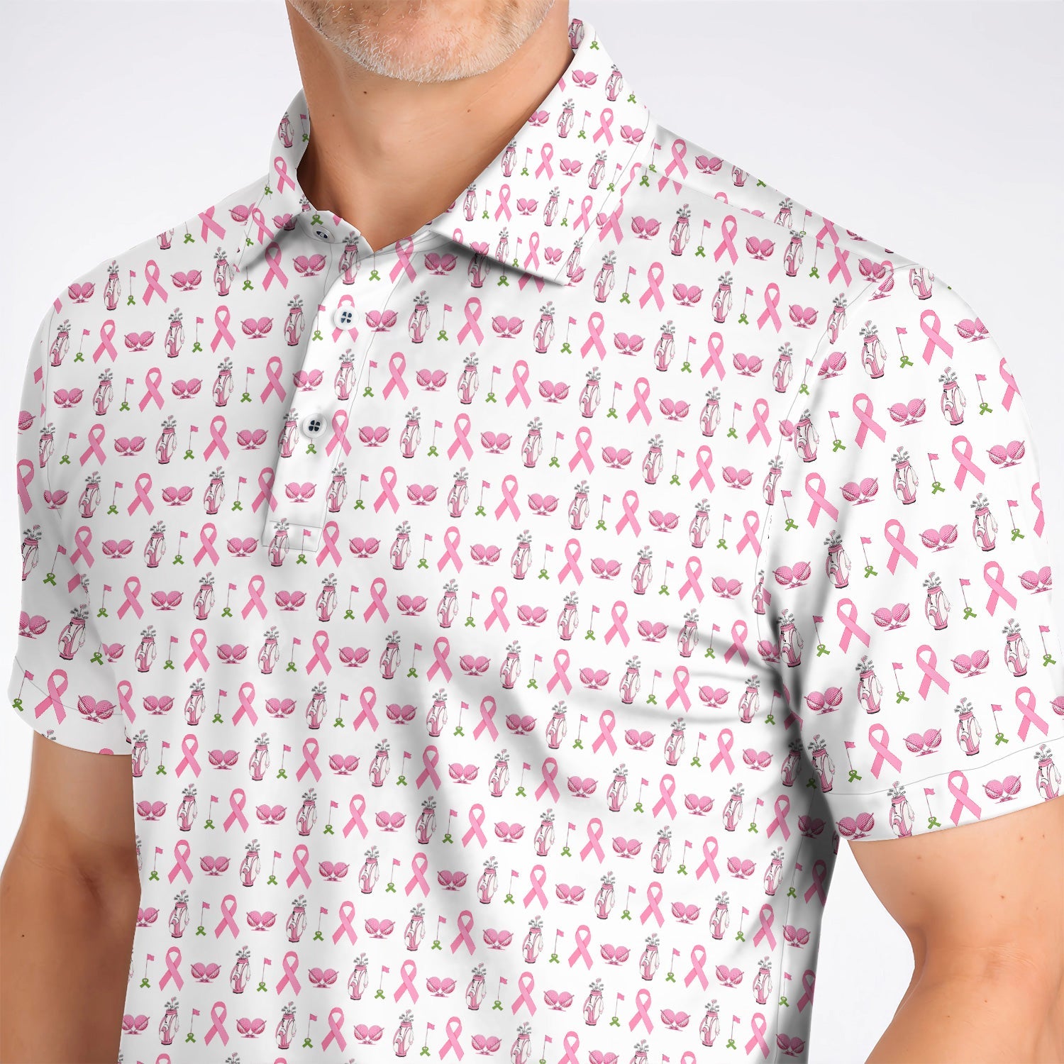 Breast Cancer Pattern Golf Polos, Pink Ribbon Golf Shirt for Golf Lovers, Support Breast Cancer Awareness Gift