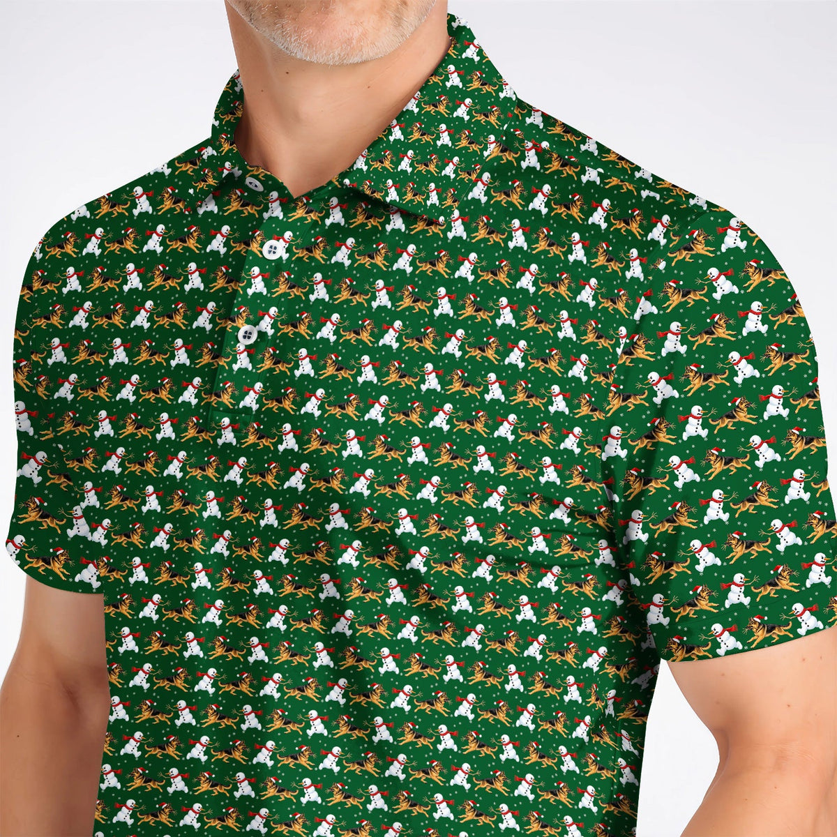 German Shepherd Christmas Golf Polos, Funny Snowman & Santa Dog Pattern Golf Shirt, Xmas Golf Gift For Golfers