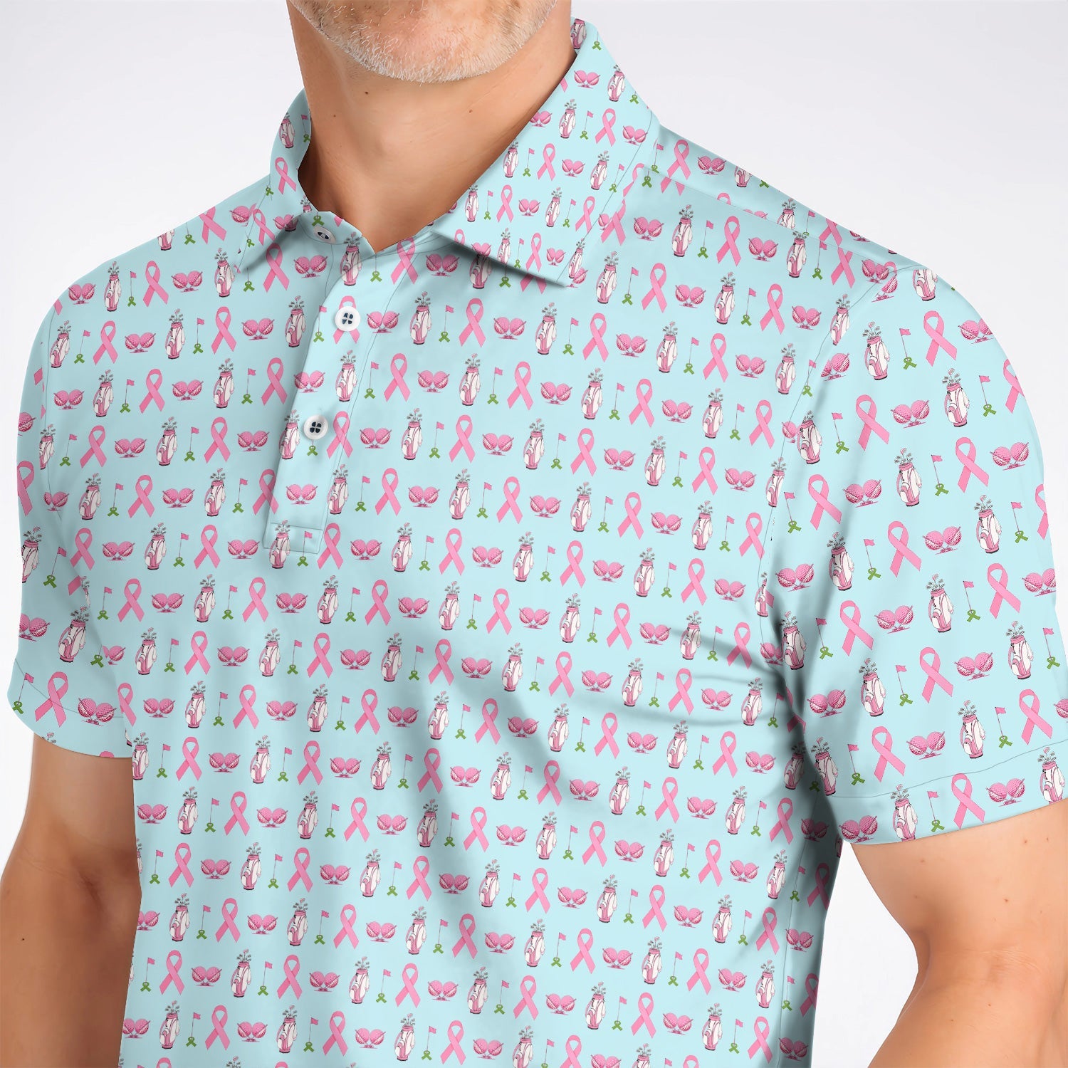 Breast Cancer Pattern Golf Polos, Pink Ribbon Golf Shirt for Golf Lovers, Support Breast Cancer Awareness Gift