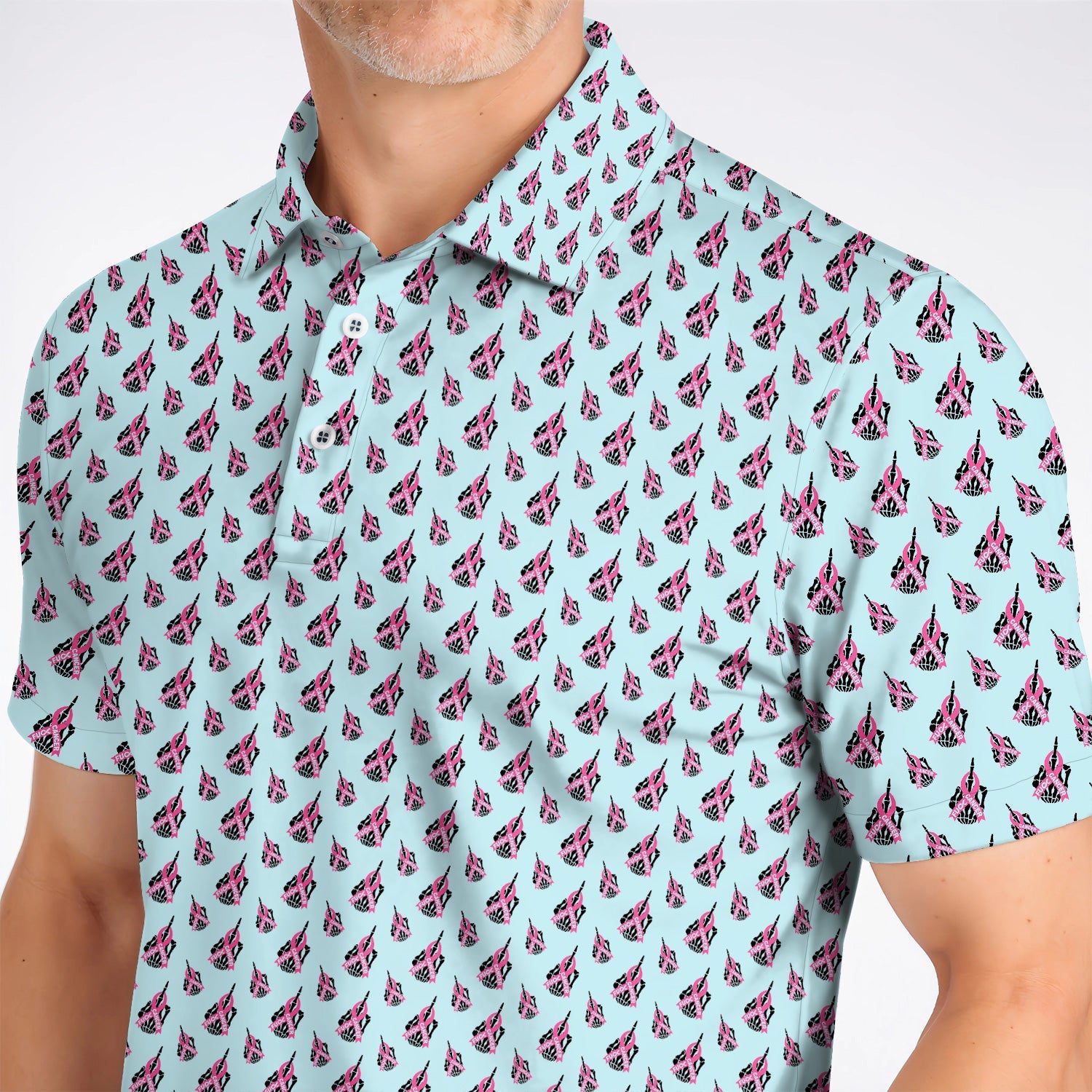 Breast Cancer Awareness Golf Polos, Pink Ribbon Pattern Golf Shirt For Breast Cancer Support, Golf Gift For Golfer
