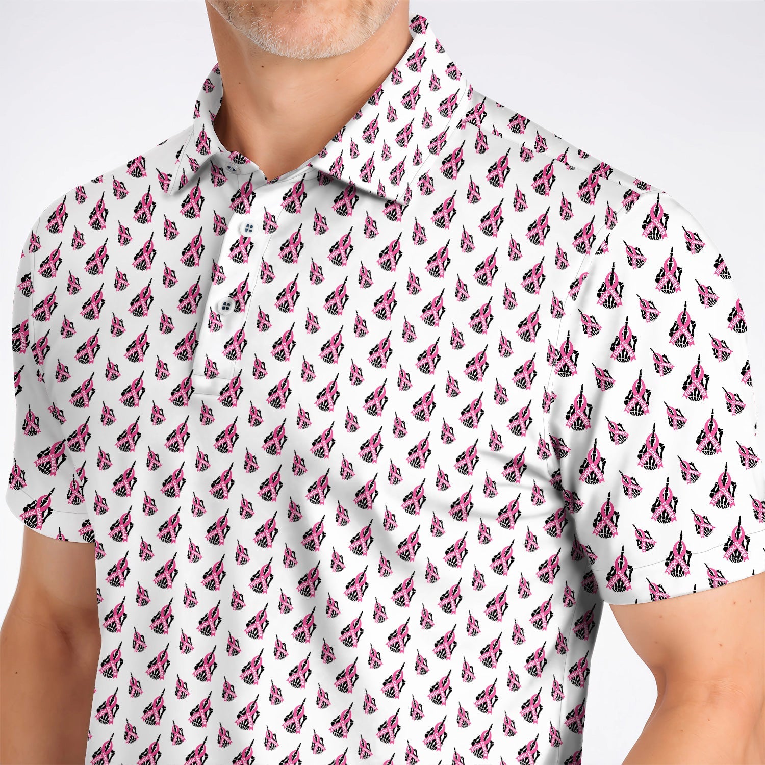 Breast Cancer Awareness Golf Polos, Pink Ribbon Pattern Golf Shirt For Breast Cancer Support, Golf Gift For Golfer