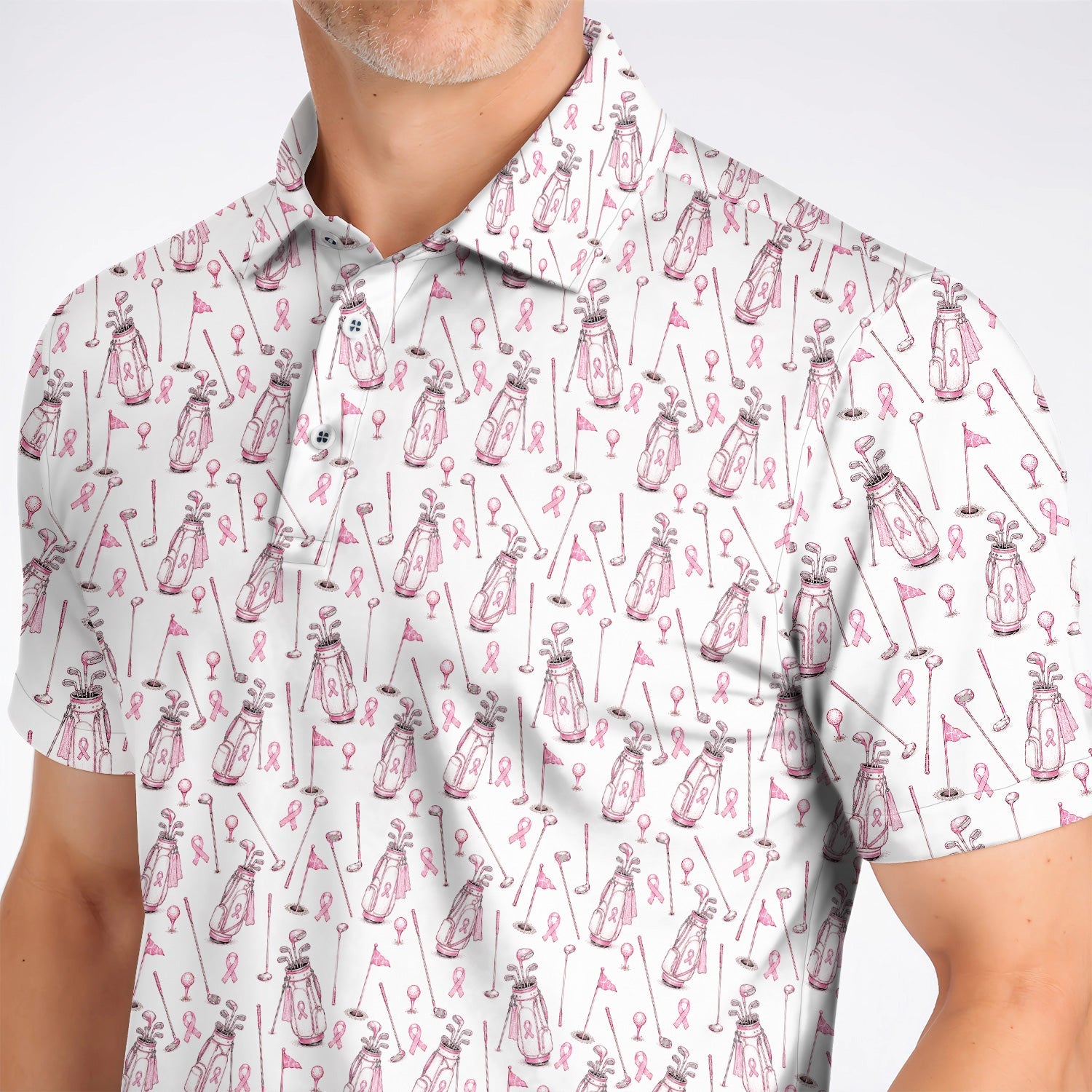 Breast Cancer Pattern Golf Shirt, Pink Ribbon Golf Polos for Golf Lovers, Support Breast Cancer Awareness Gift