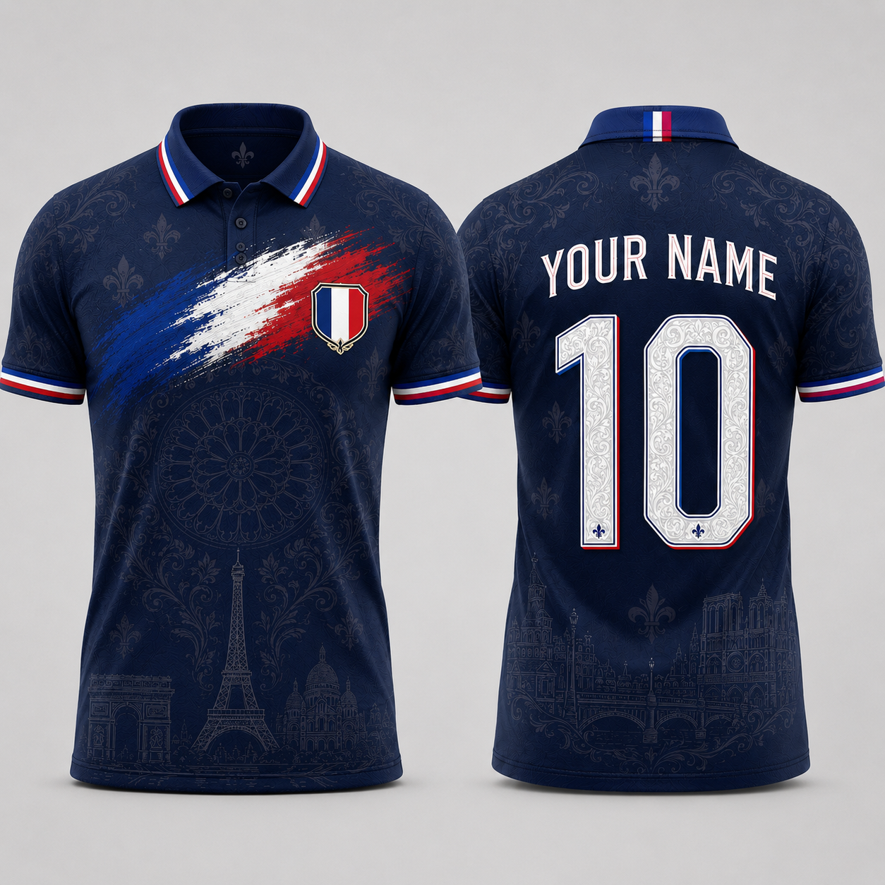 Parisian Landmarks V-NeckMen Football Lover, Fleur De Lis Pattern French Flag Soccer Shirt